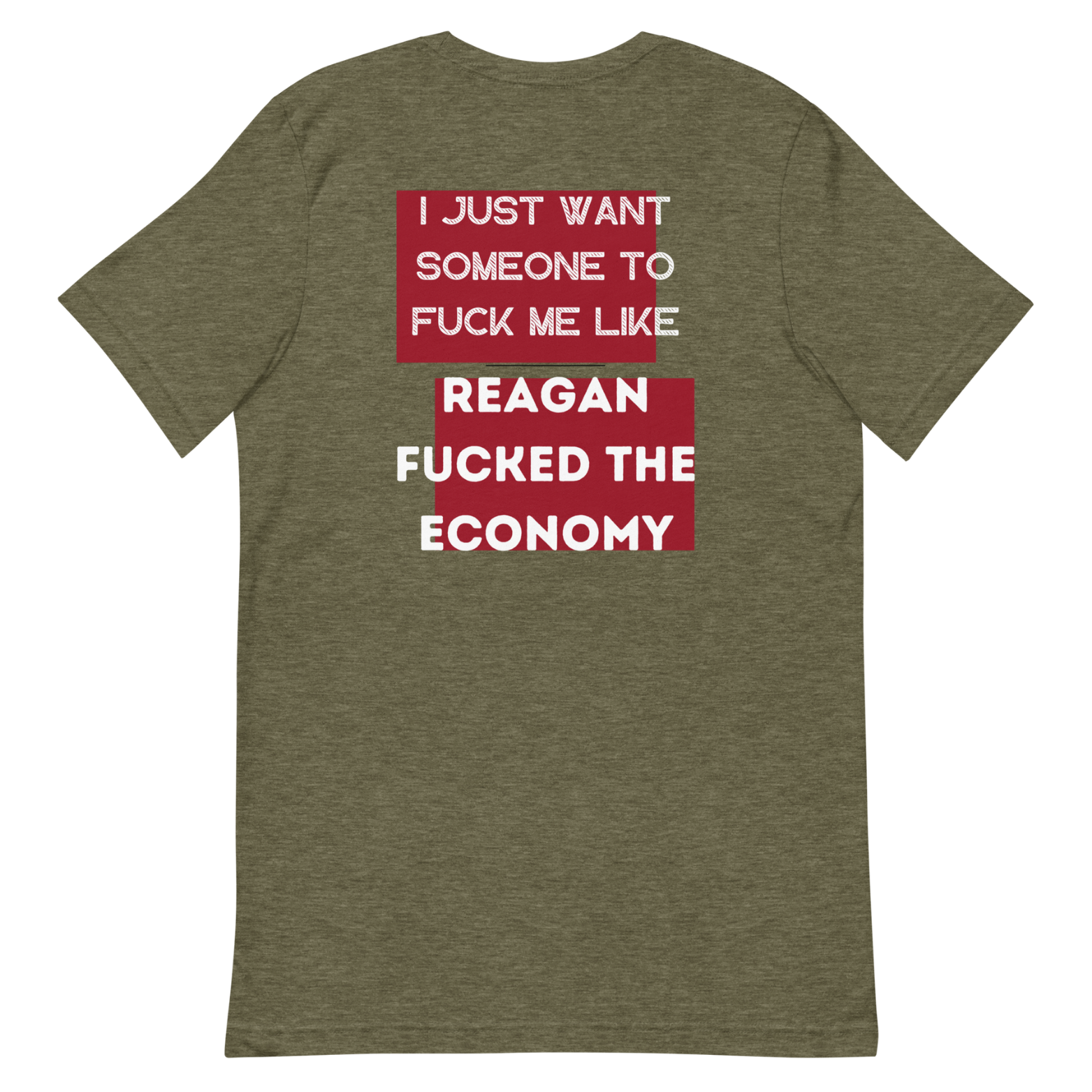 Funny Reagan economy satire green shirt with bold political protest design.