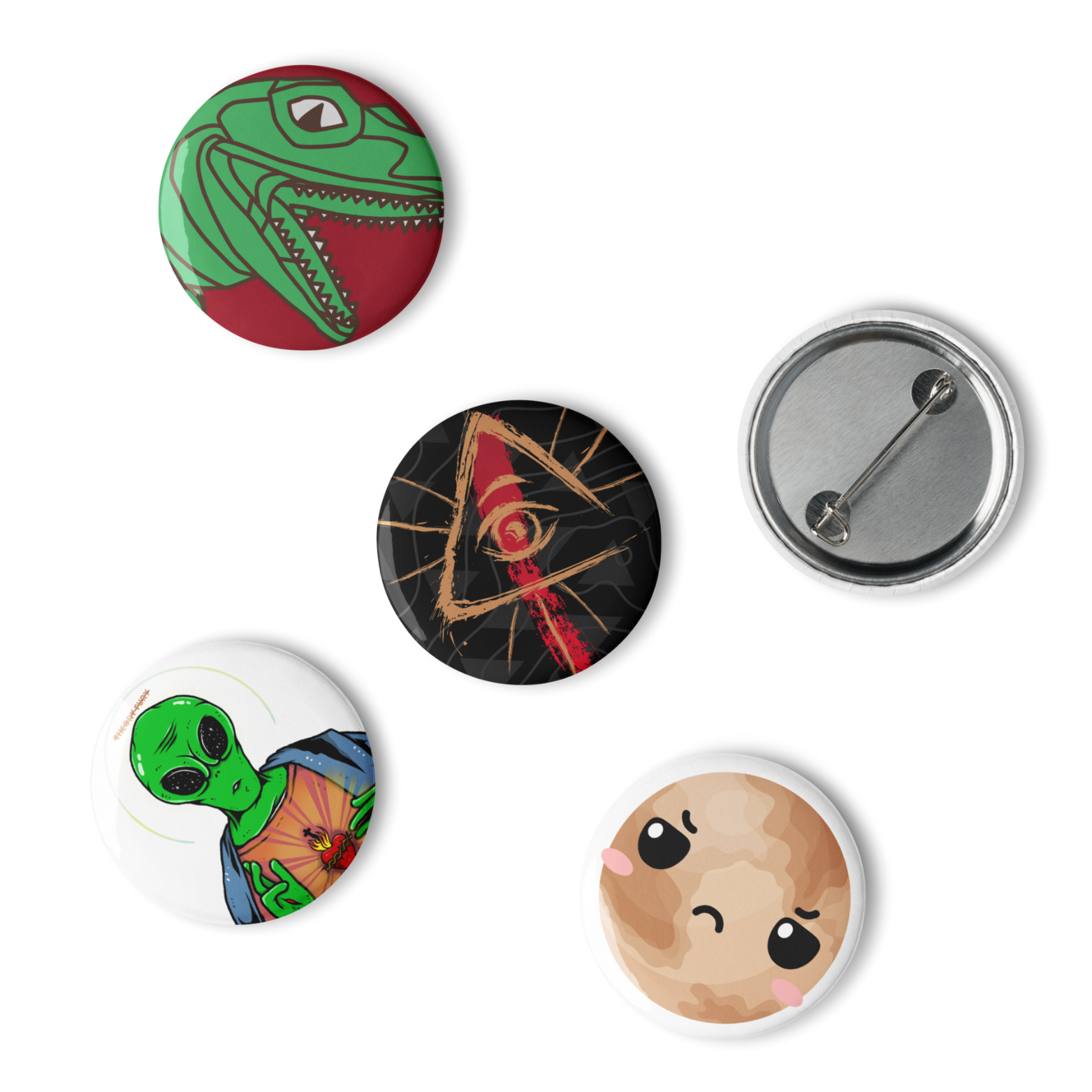 Funny conspiracy satire enamel pin set with 5 Theory Fury designs.