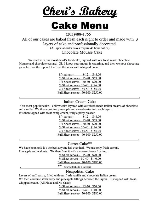 Cake Menu — Cheri's Bakery