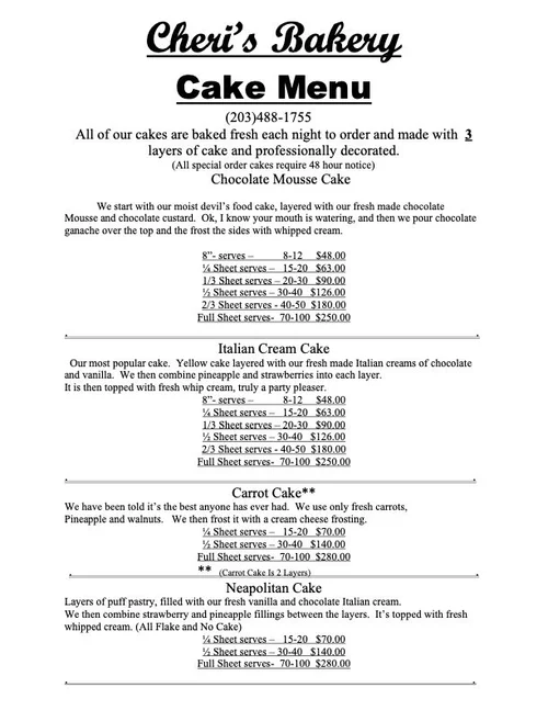 Cake Menu — Cheri's Bakery