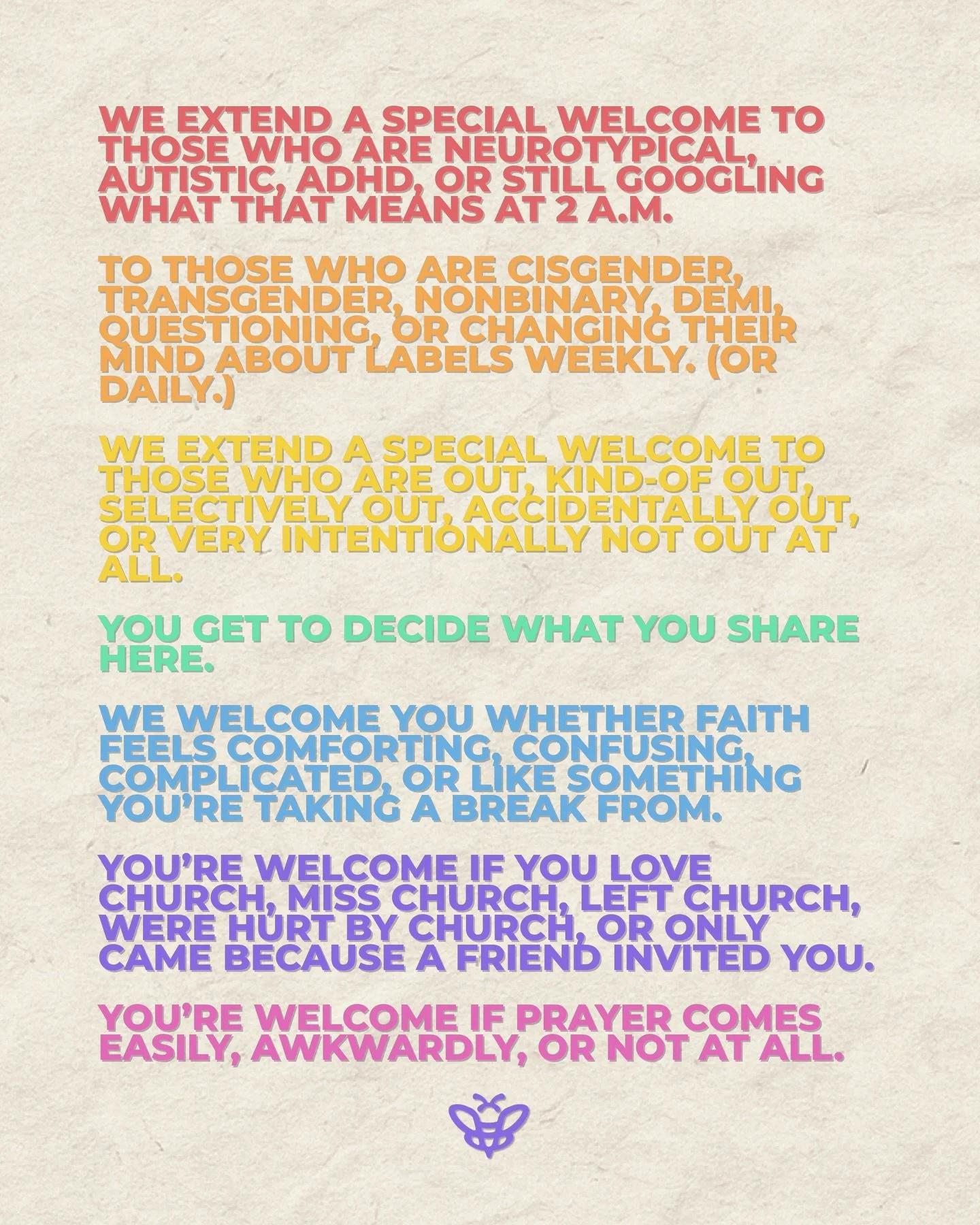 Whether you&rsquo;re skipping in or stumbling in we&rsquo;re glad to see you. We work hard to make Belong a place for everyone. Come as you are and Belong with us.