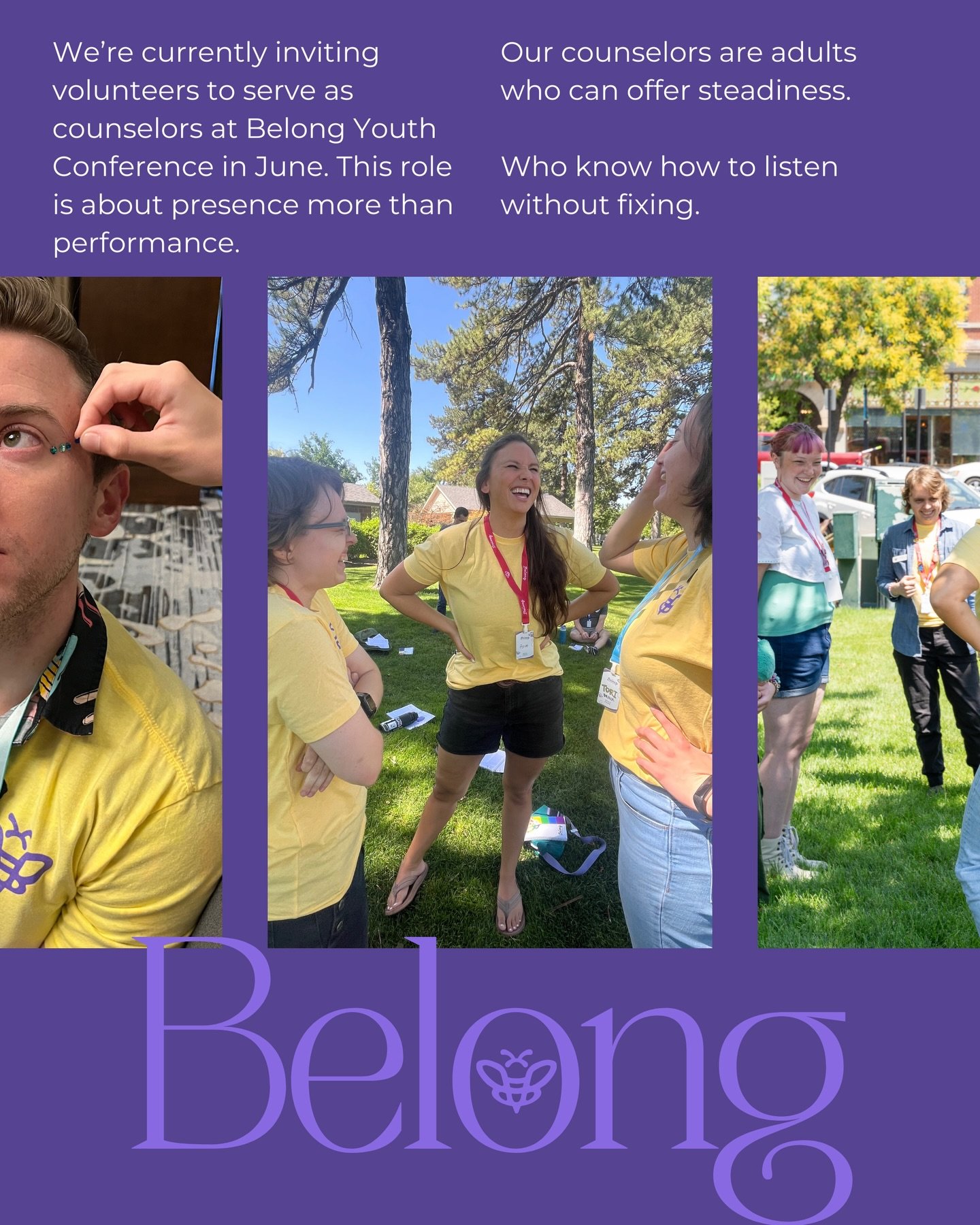 Belong is built on one simple truth: safe adults matter.
We&rsquo;re currently inviting volunteers to serve as counselors at Belong Youth Conference in June. This role is about presence more than performance.
Our counselors are adults who can offer s