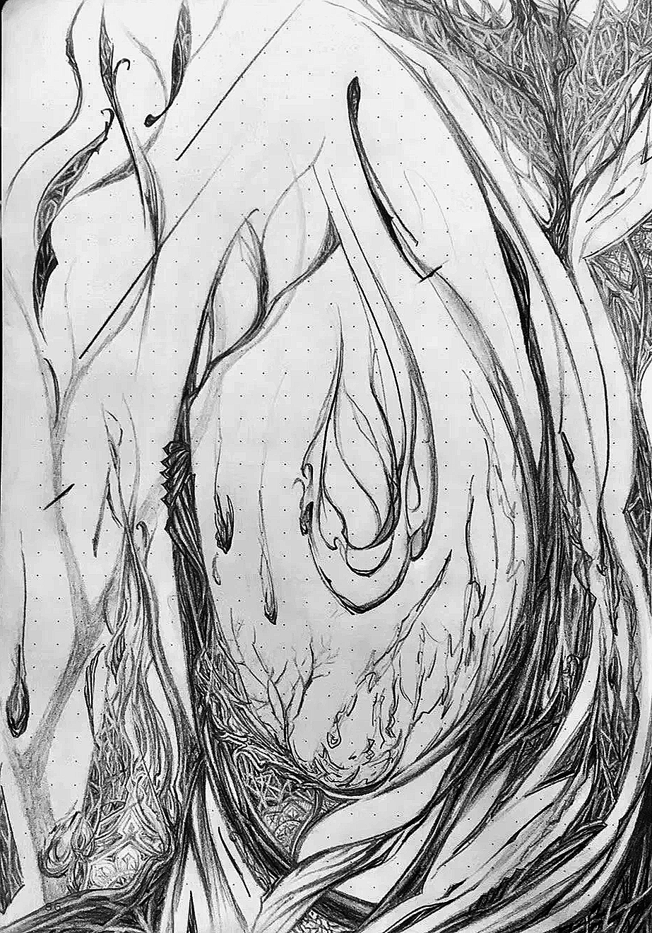A detailed black and white sketch of an abstract visual with curvy lines and intricate details. 