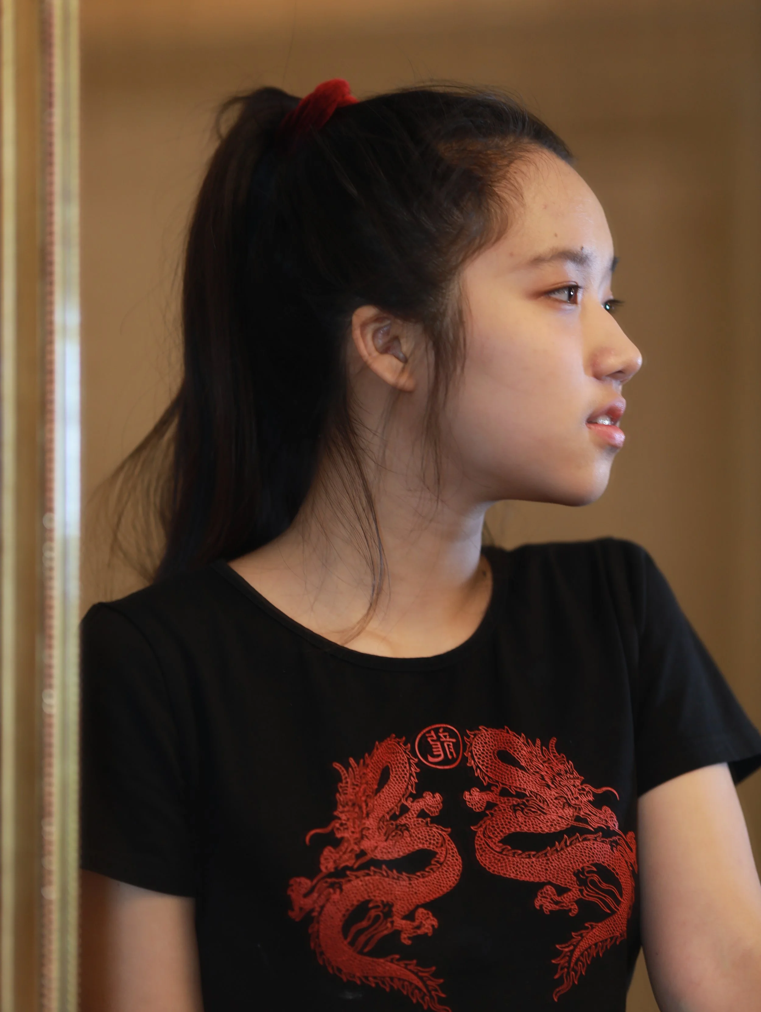 A woman with dark hair tied back with a red hair tie, wearing a black t-shirt featuring a red dragon design, standing in front of a mirror.