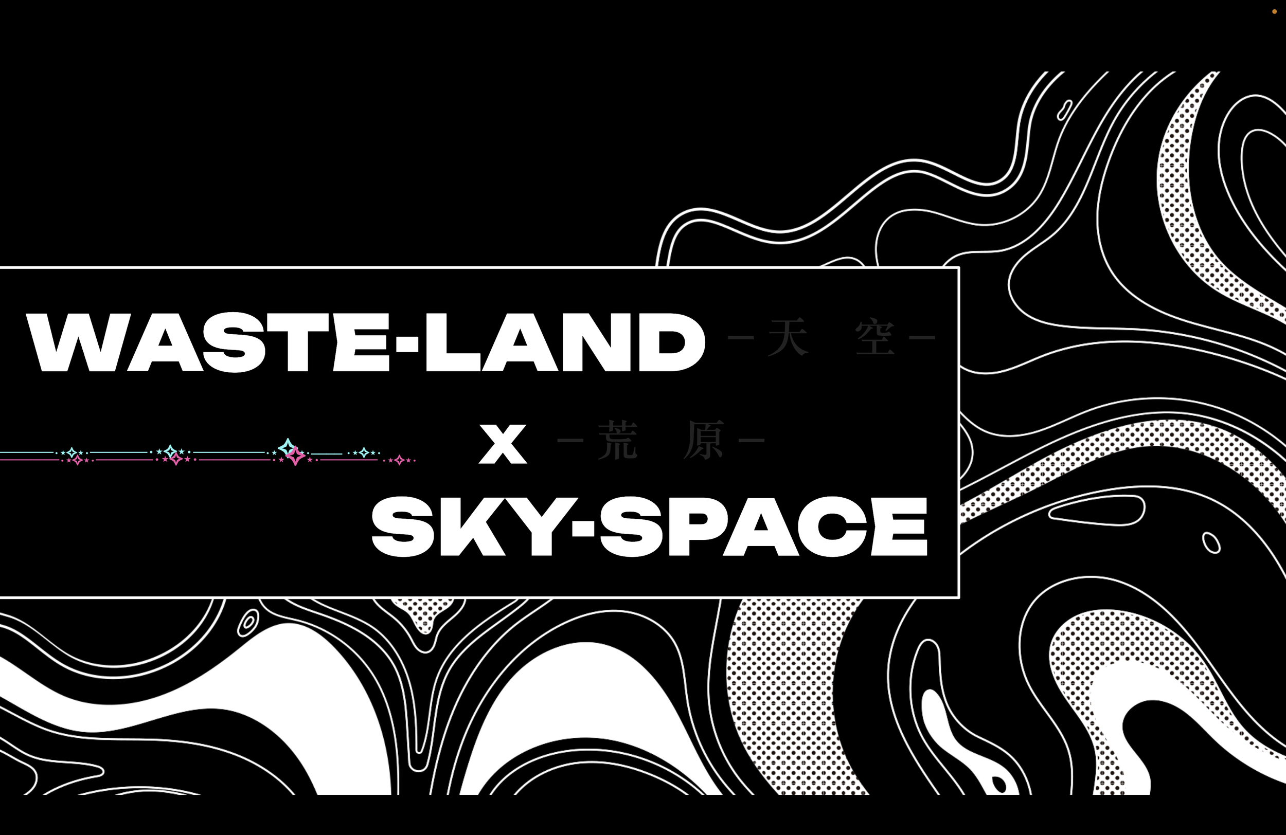 Black background with white and pink abstract swirling line art, white block text reading 'WASTE-LAND x SKY-SPACE' with Chinese characters and decorative star accents.