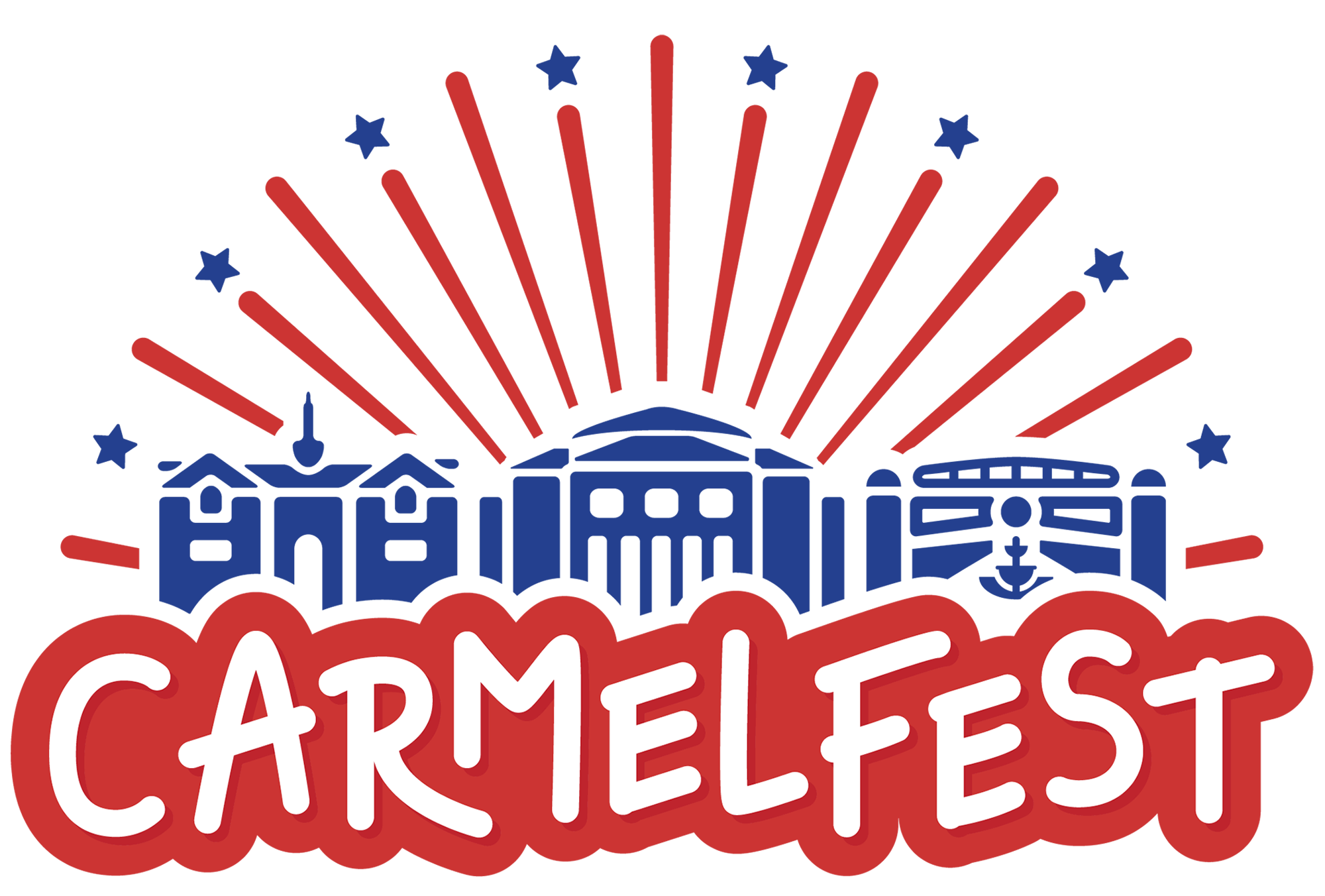 Graphic of three buildings with fireworks behind, and the text 'Carmel Fest' in bold red and white letters in front.