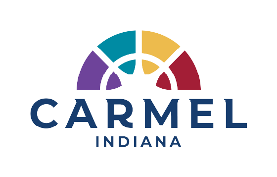 Logo for Carmel, Indiana featuring a multicolored semicircular design above the city name.