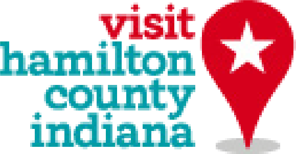 Graphic promoting a visit to Hamilton County, Indiana, featuring a red location pin with a white star.