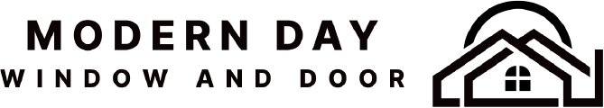 Text reading "MODERN DAY WINDOW AND DOOR" with a simple house roof icon on a dark background.