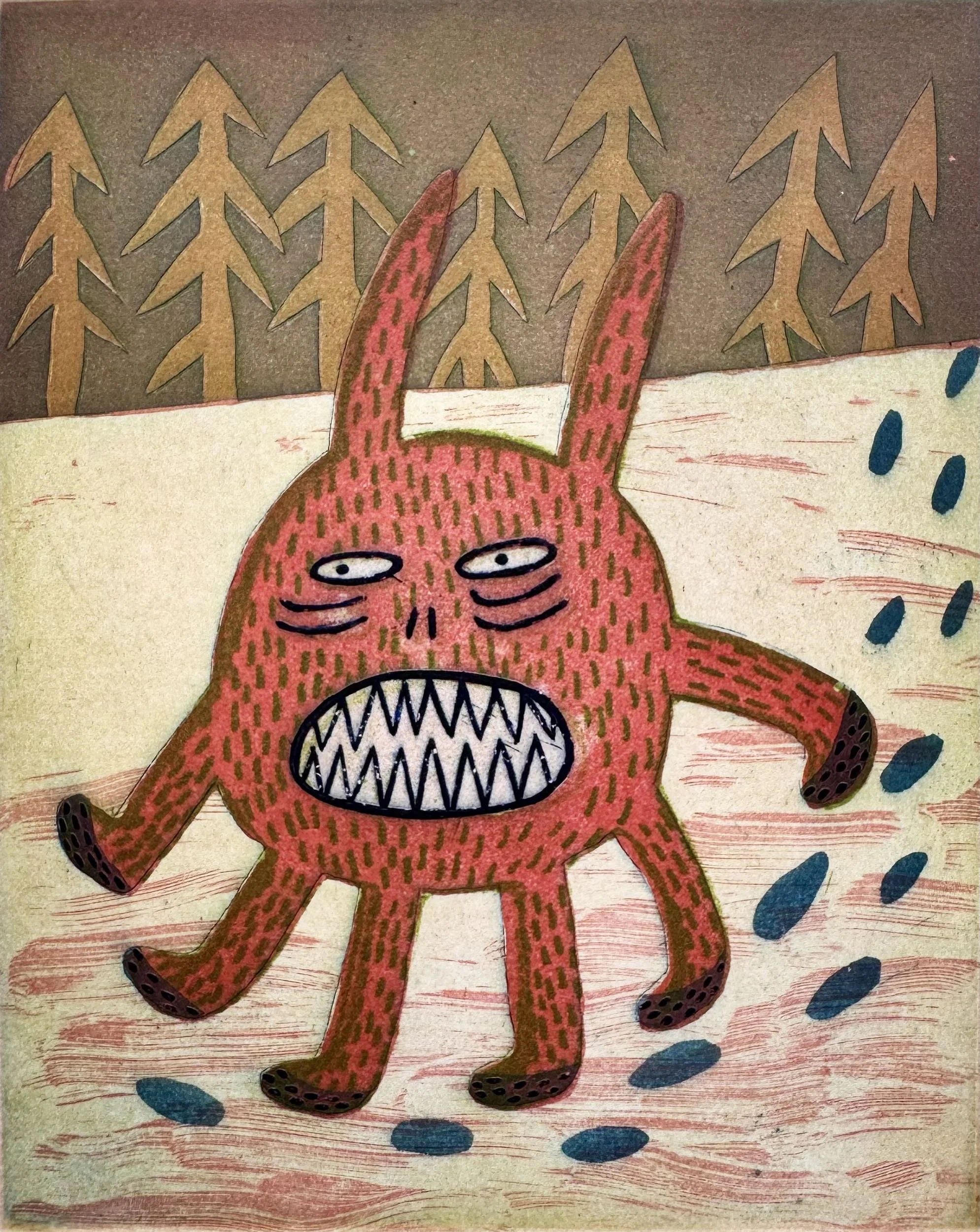 Colorful drawing of a monster with bunny ears, sharp teeth, and long limbs, walking in a forest with trees and snow.