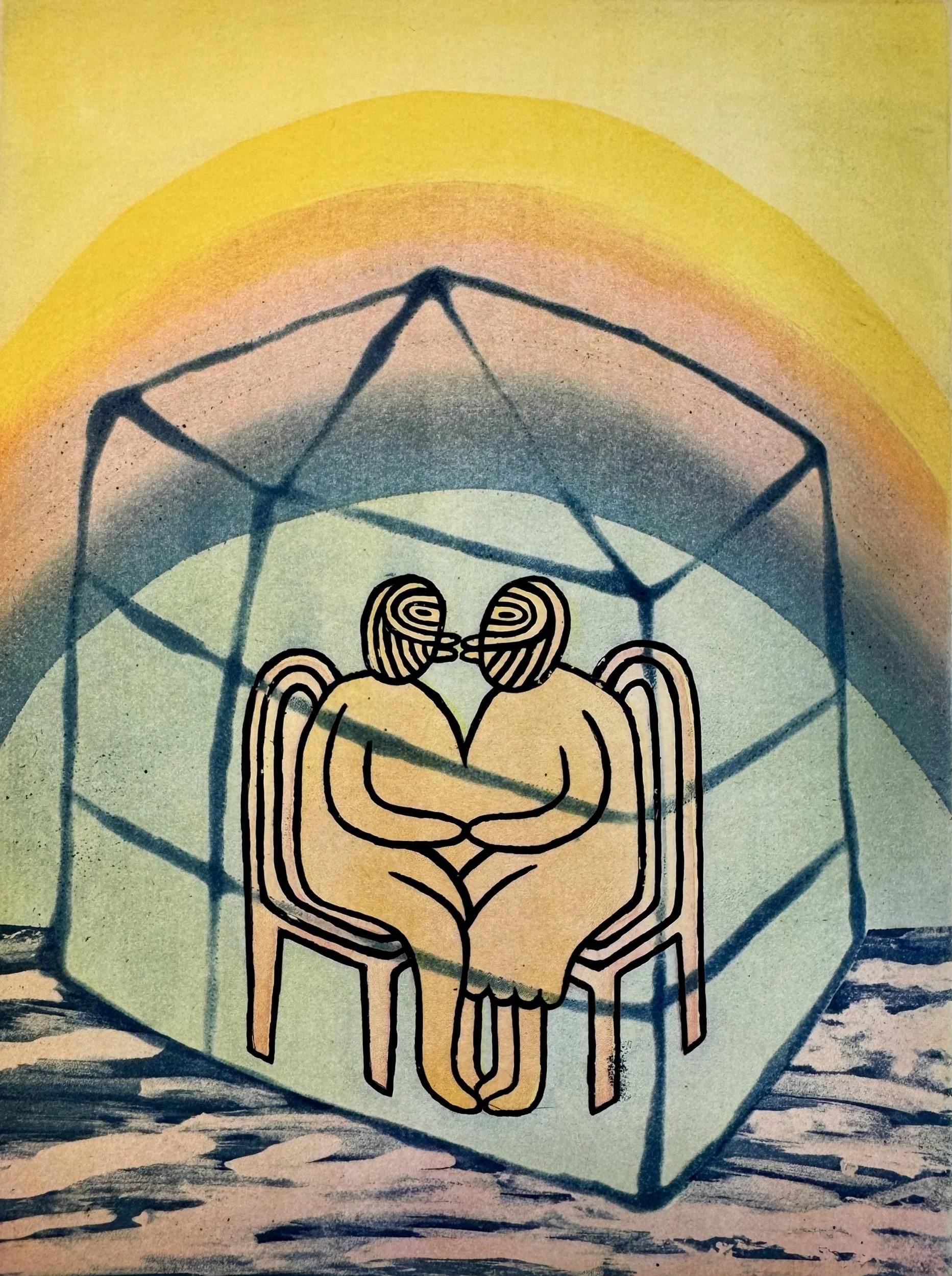 Abstract artwork depicting two stylized, intertwined figures sitting on chairs inside a transparent cube, with a rainbow and textured ground in the background.