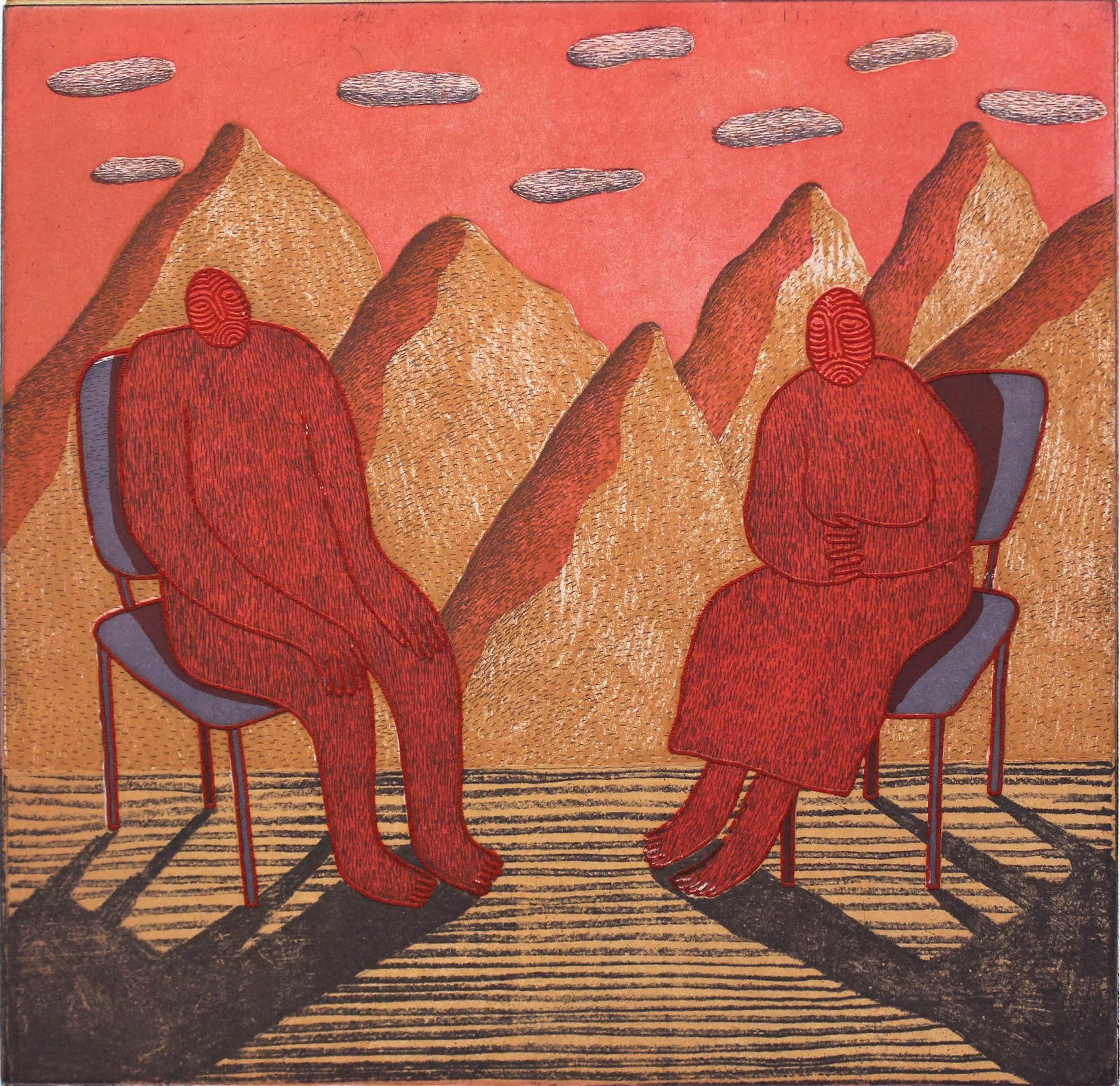 An artwork depicting two red human figures sitting on chairs outdoors with mountains and clouds in the background.