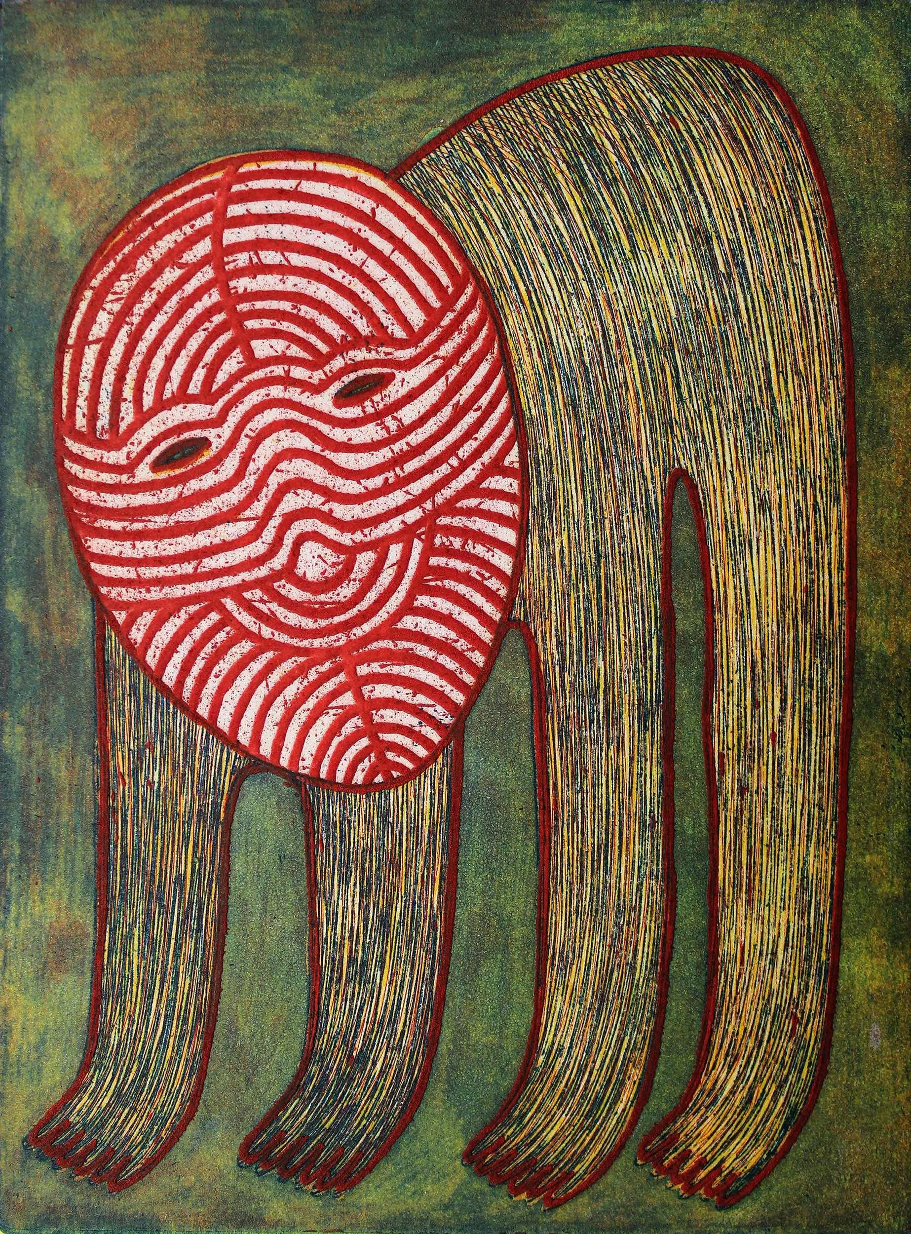 Abstract artwork of an elephant with a red and white striped head, elongated multicolored trunk, and rough textured green background.