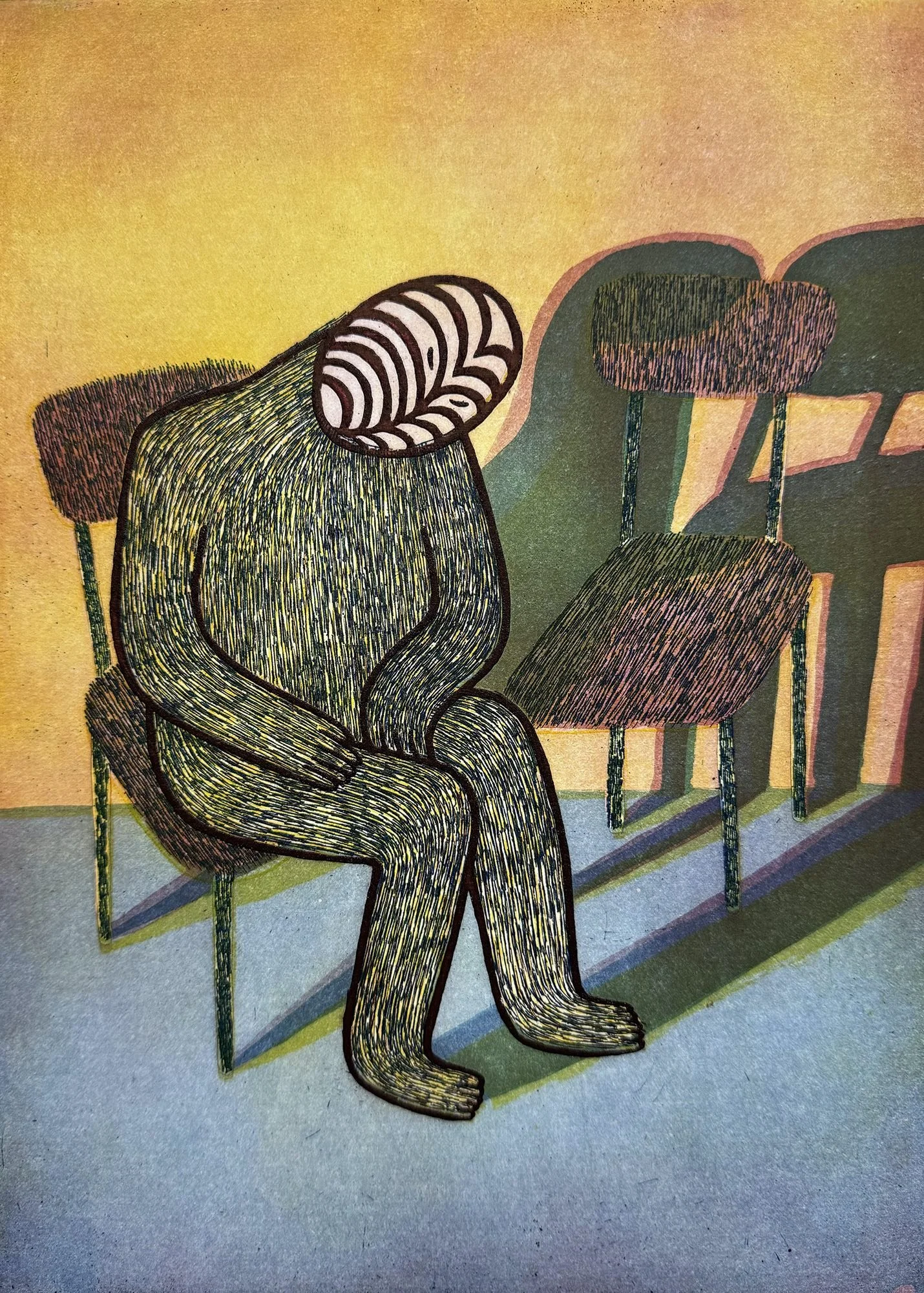 Artwork of a person with a patterned face and body sitting on a chair with their head bowed, surrounded by similar chairs, against a colorful background.