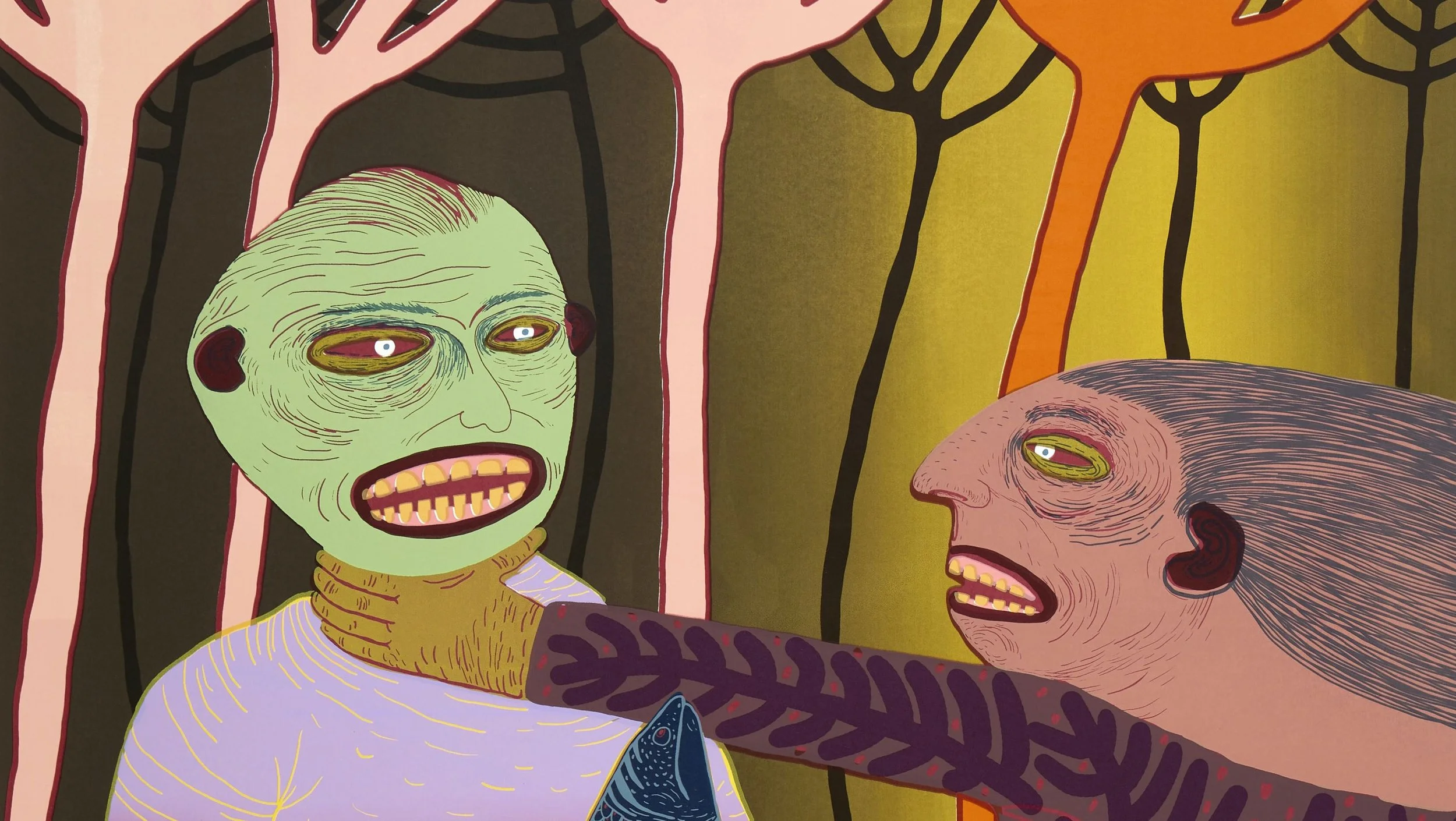 Two surreal, humanoid creatures with distorted features in a colorful, abstract forest setting. One has a green face with a wide mouth and yellow teeth, and the other has a pinkish face with similar features. There are stylized trees with pink, black