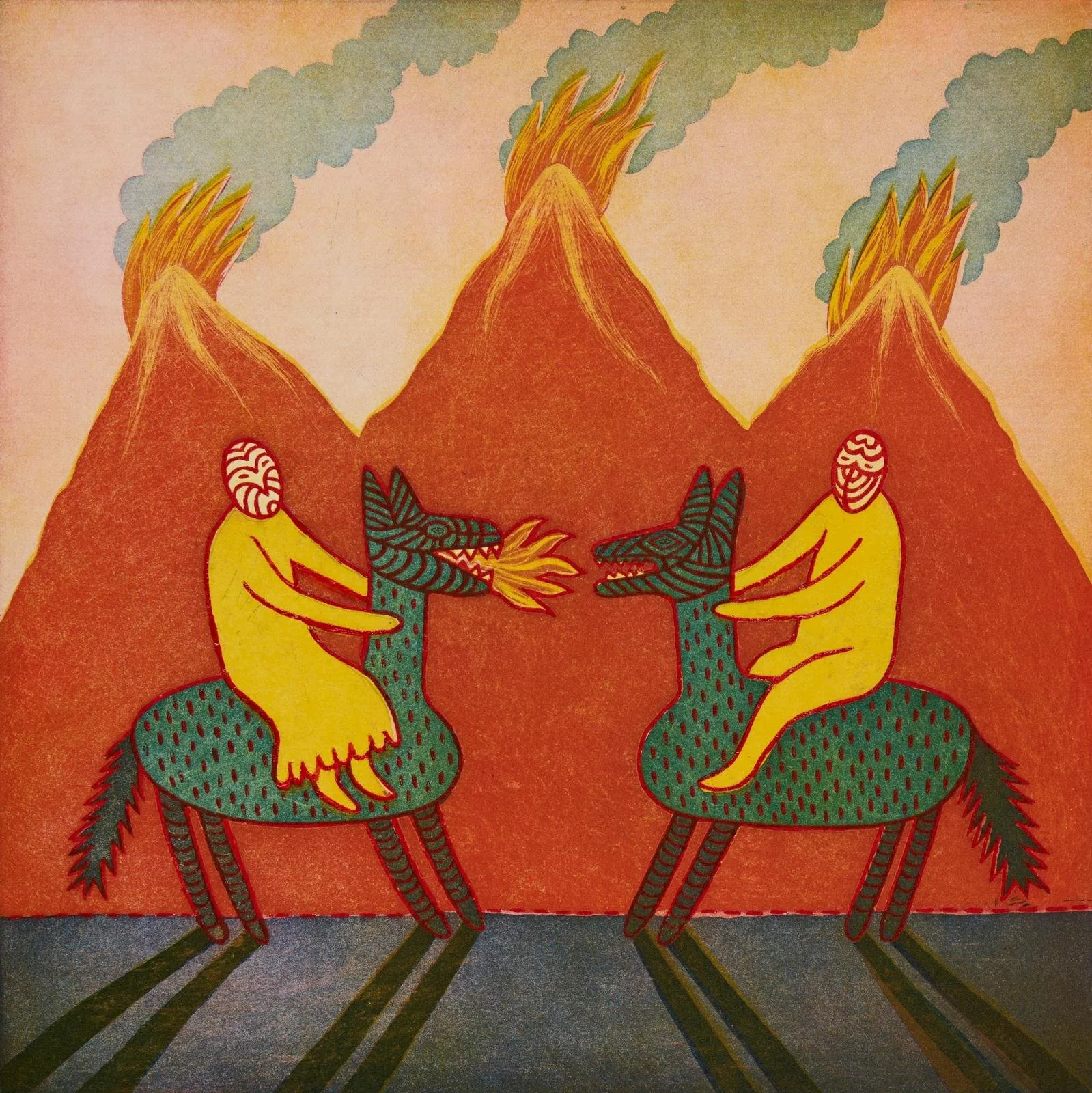 Two people with abstract faces wearing yellow robes, each riding a blue, horse-like creature with striped legs and spiky tails. The creatures have open mouths, with one exhaling fire towards the other. Behind them are three erupting volcanoes with sm