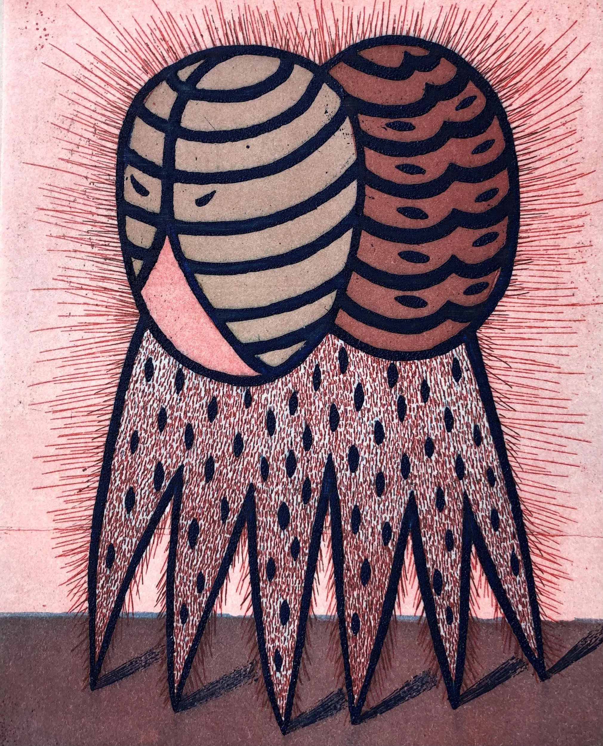 Abstract artwork featuring two overlapping circles with striped patterns, adorned with a textured skirt-like base with pointed, elongated shapes, surrounded by radiating lines.