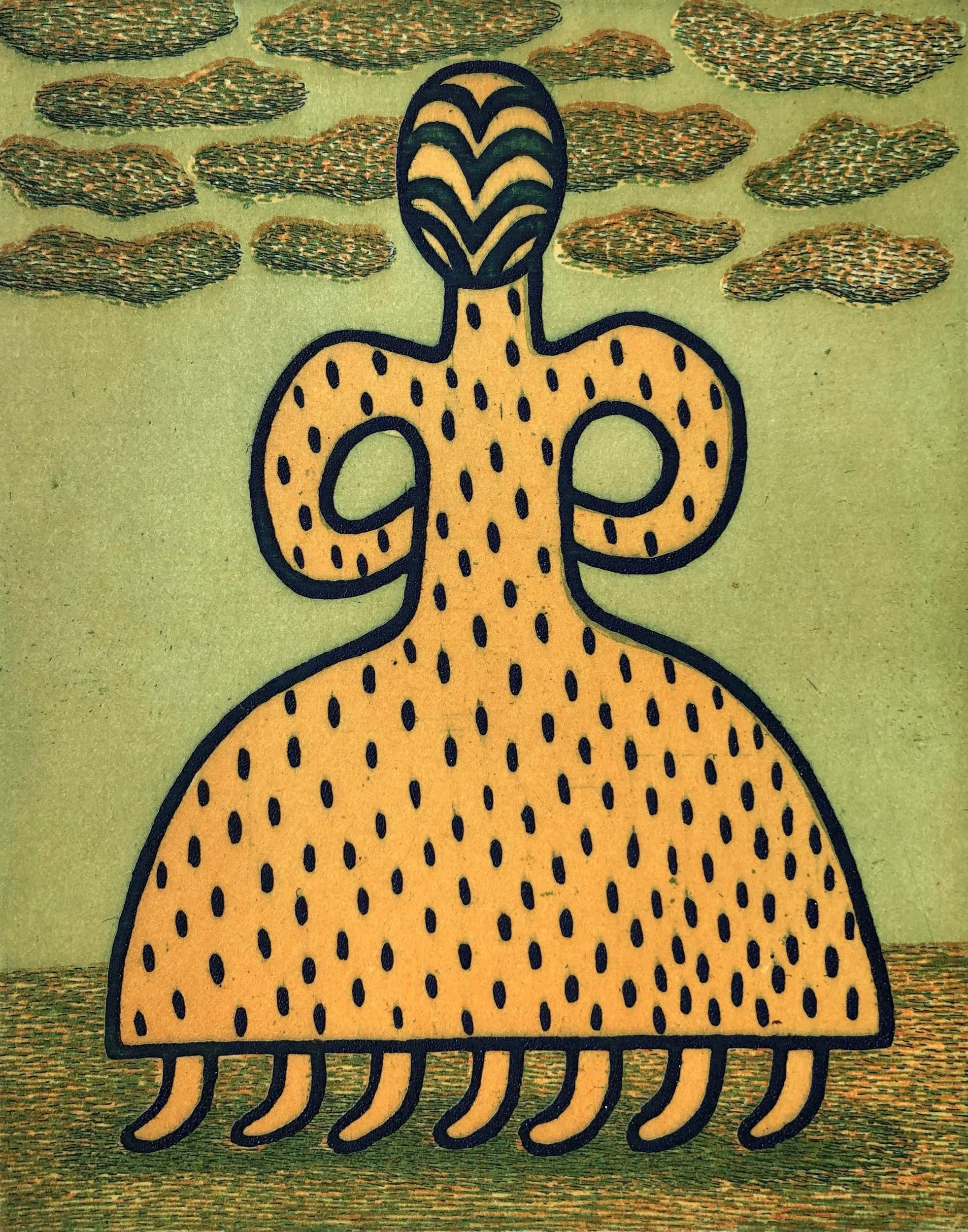 Abstract drawing of a yellow creature with long legs, circular arms, and a patterned head, standing against a green background with clouds.