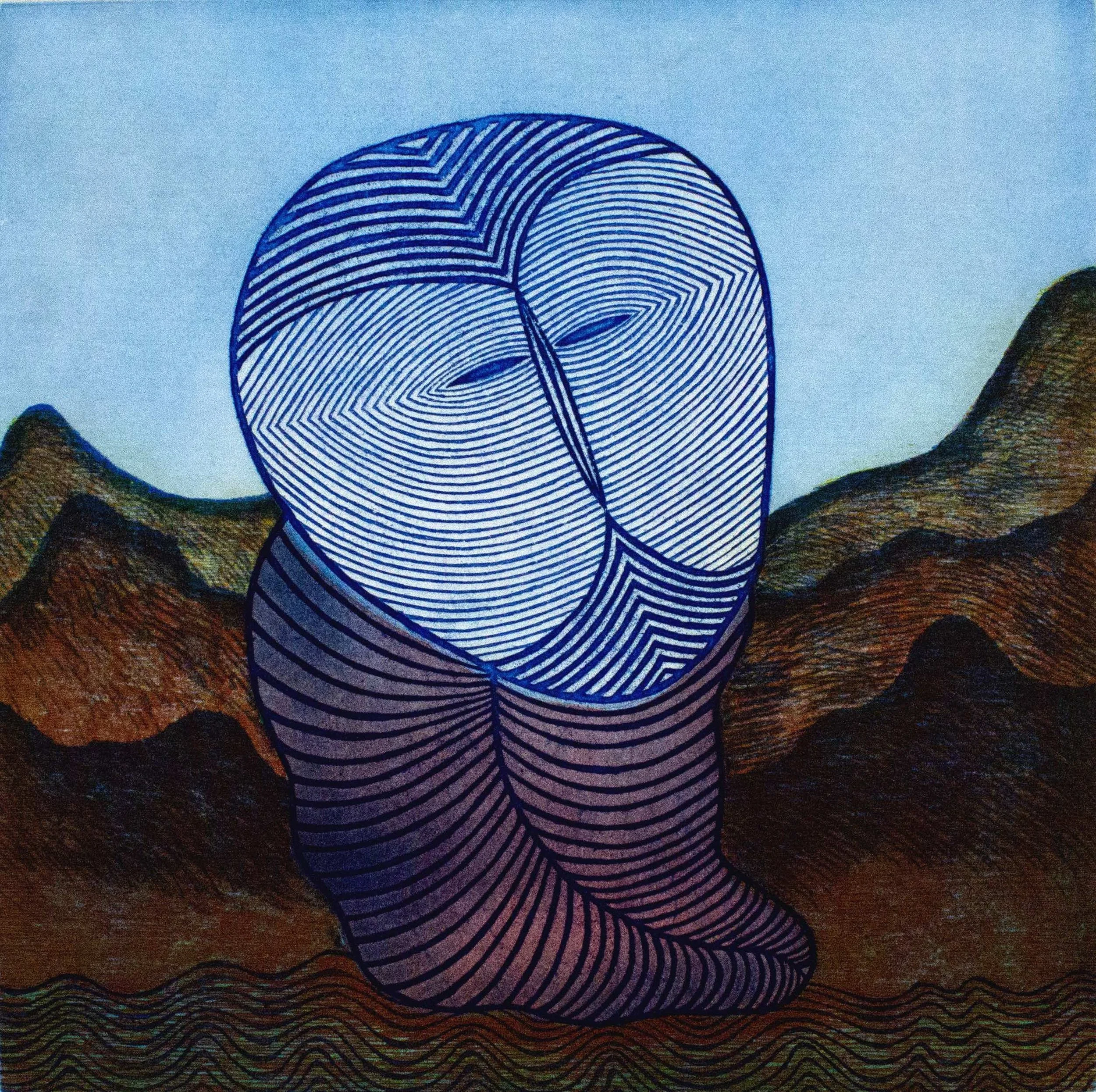 An abstract line art drawing of a human face and body, with mountains and waves in the background.