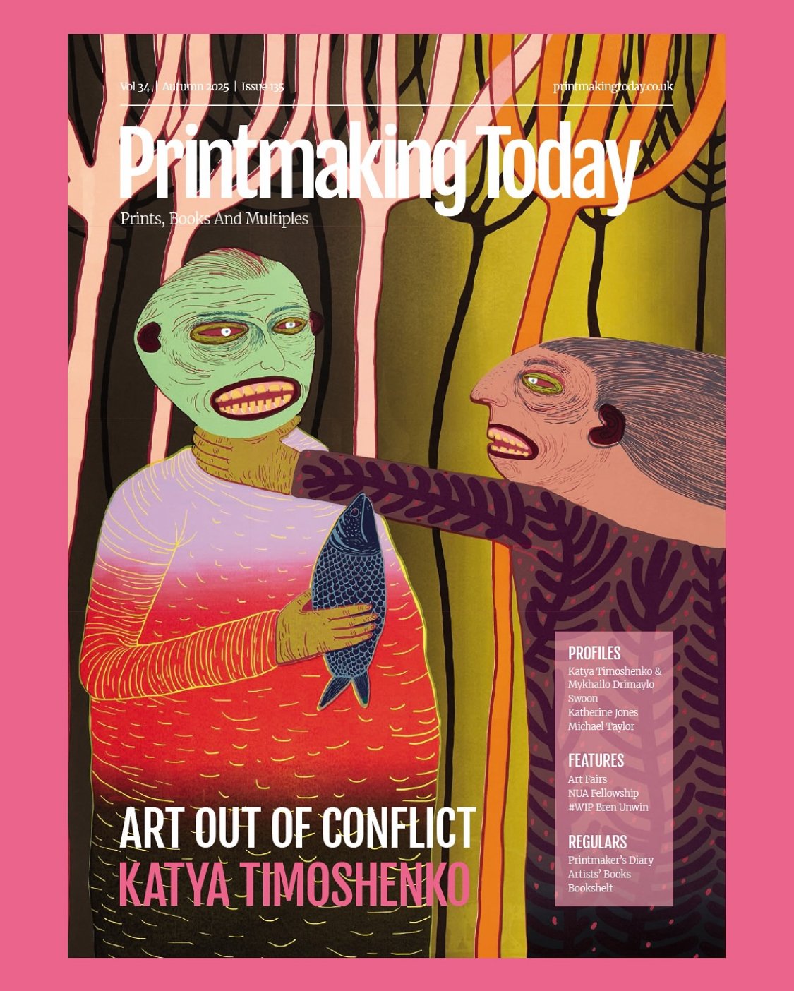 Magazine cover of print making today featuring artist katya timoshenko