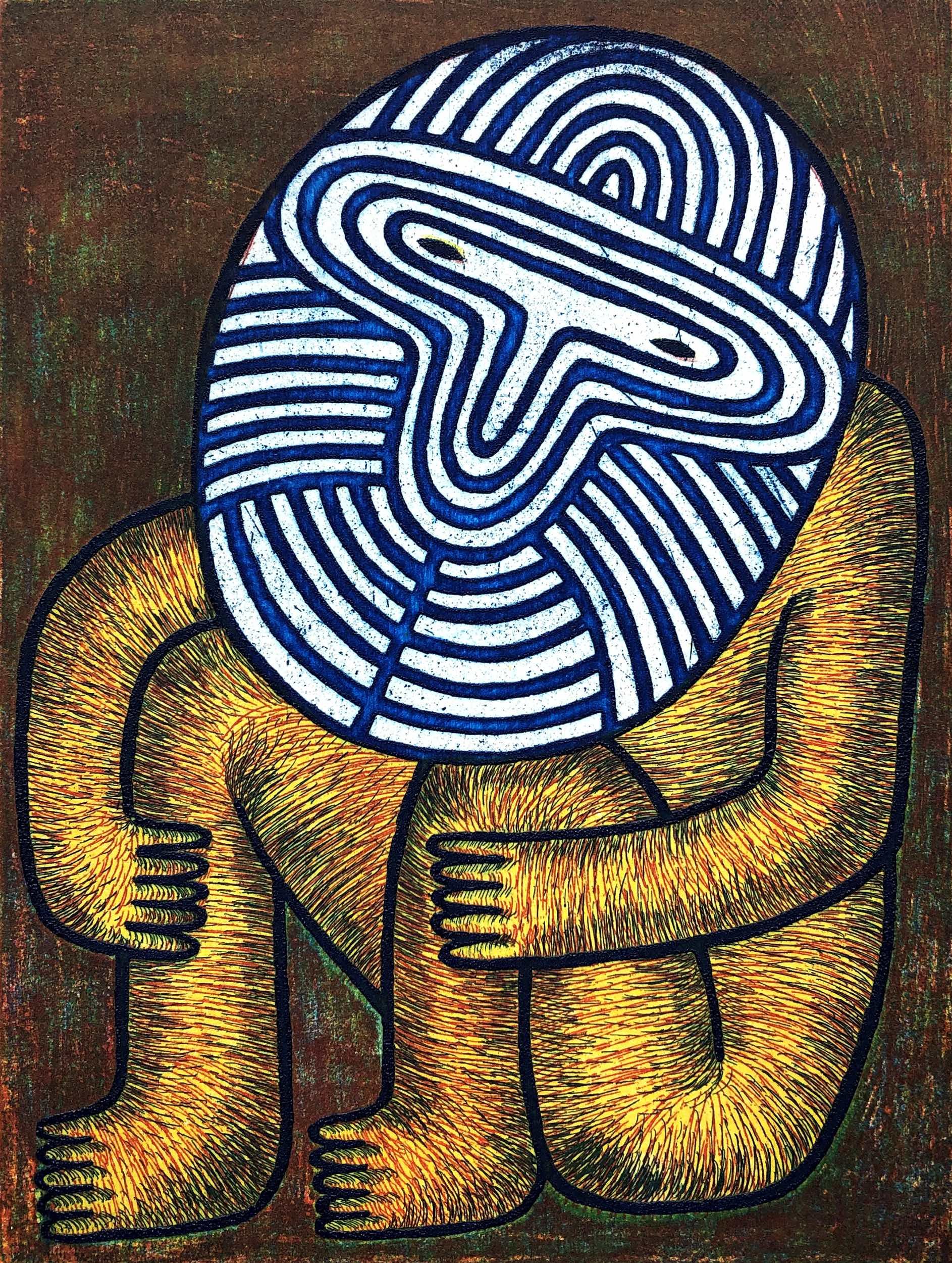 An abstract artwork depicting a figure with a large blue circular head featuring maze-like white lines, and a body with yellow-orange shaded limbs, outlined in black, against a dark textured background.