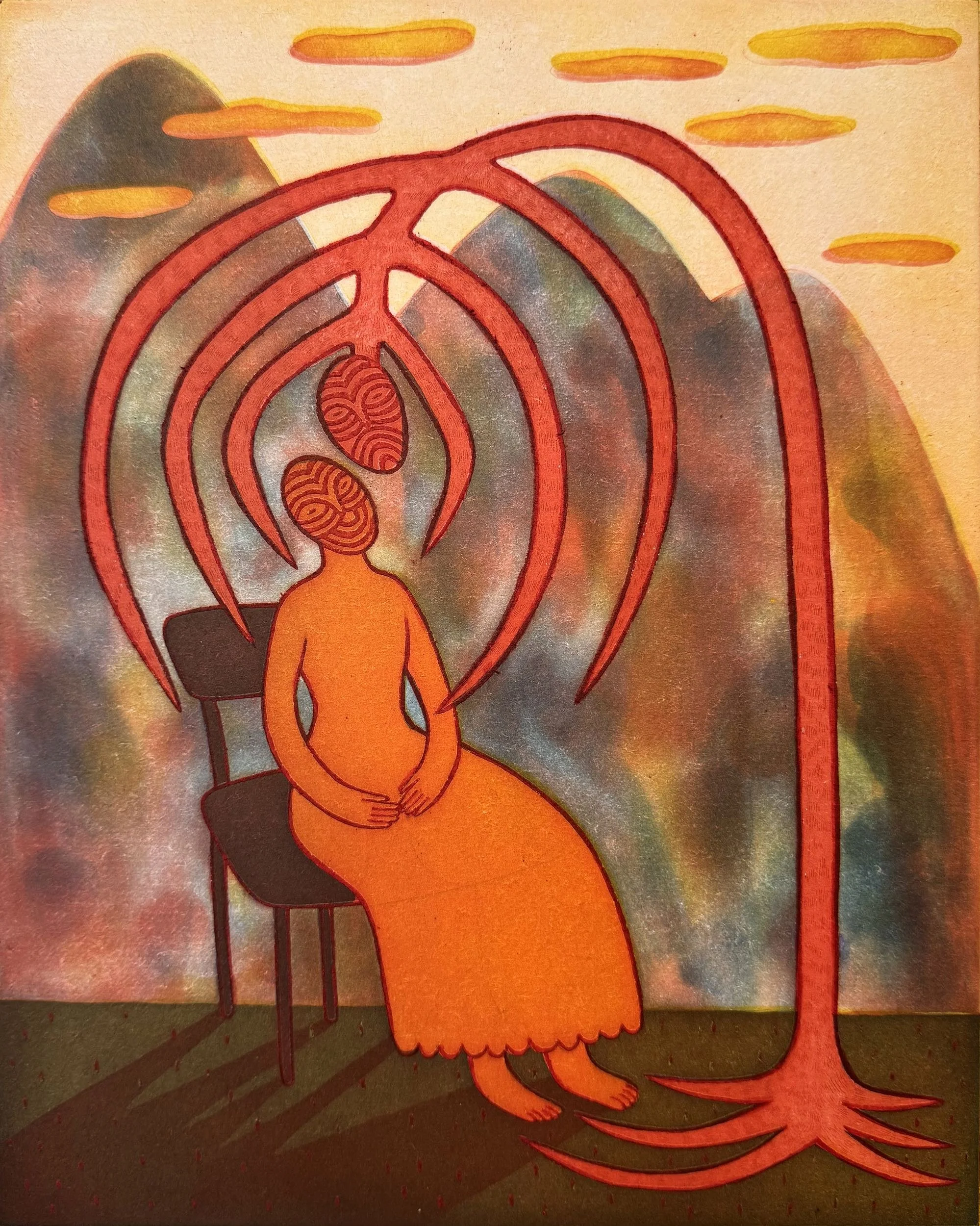 An abstract painting of a seated woman with two spiral-patterned heads, surrounded by red tree-like structures and a colorful, textured background with mountain shapes and abstract clouds.
