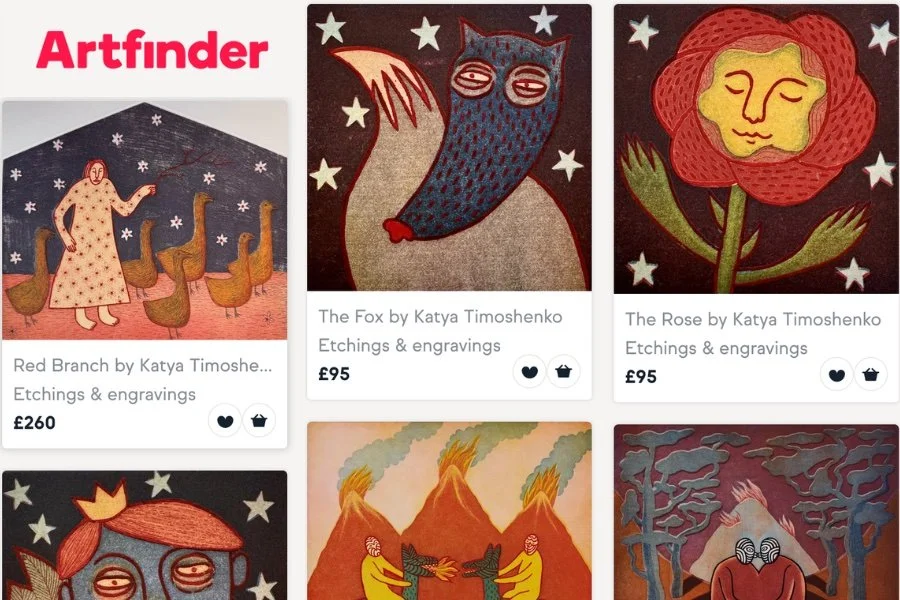 Artfinder website screen grab featuring a selection of original artworks by the artist, with the Artfinder logo visible