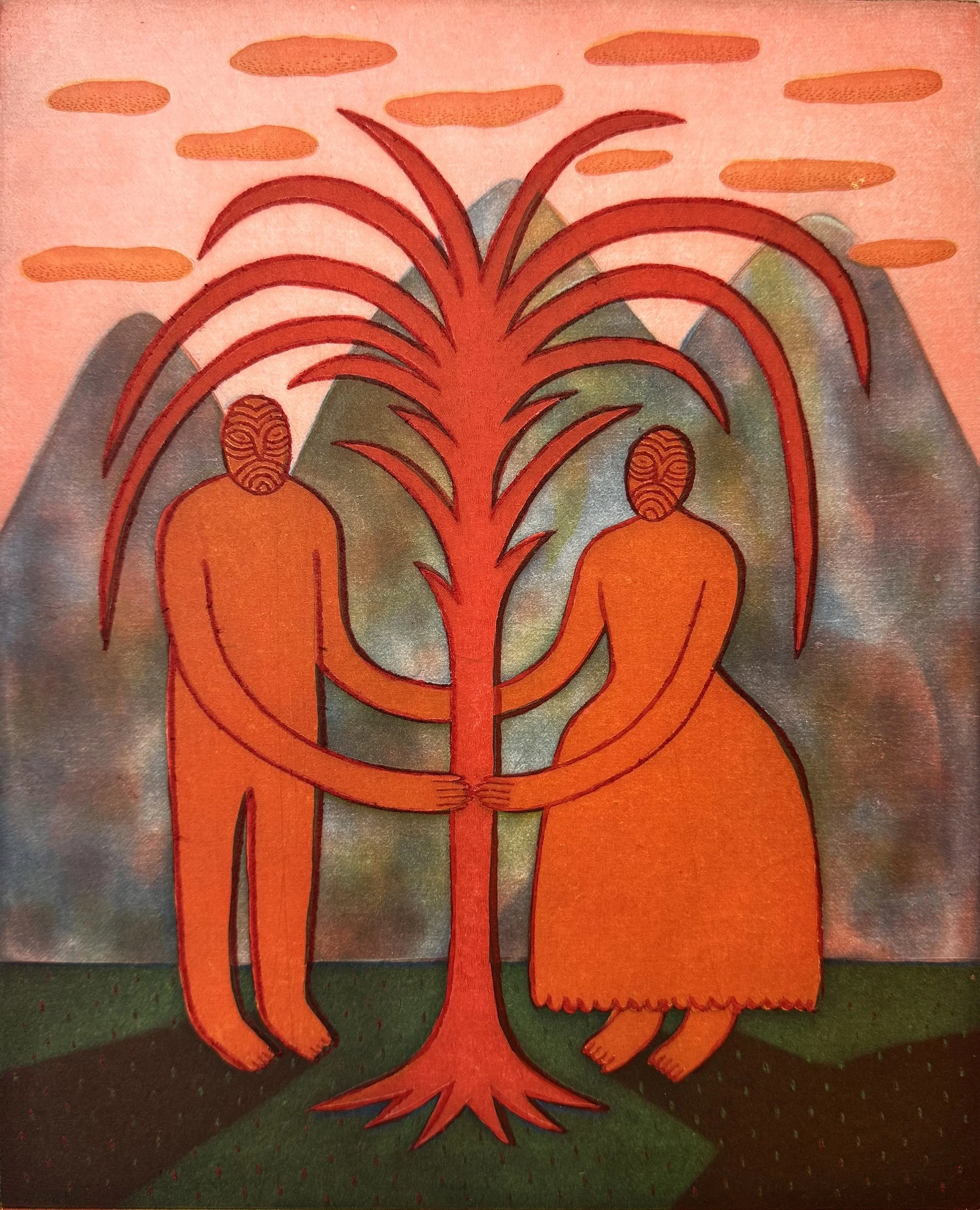 A stylized painting of a man and woman holding hands around a red tree, with mountains in the background and orange clouds in the sky.