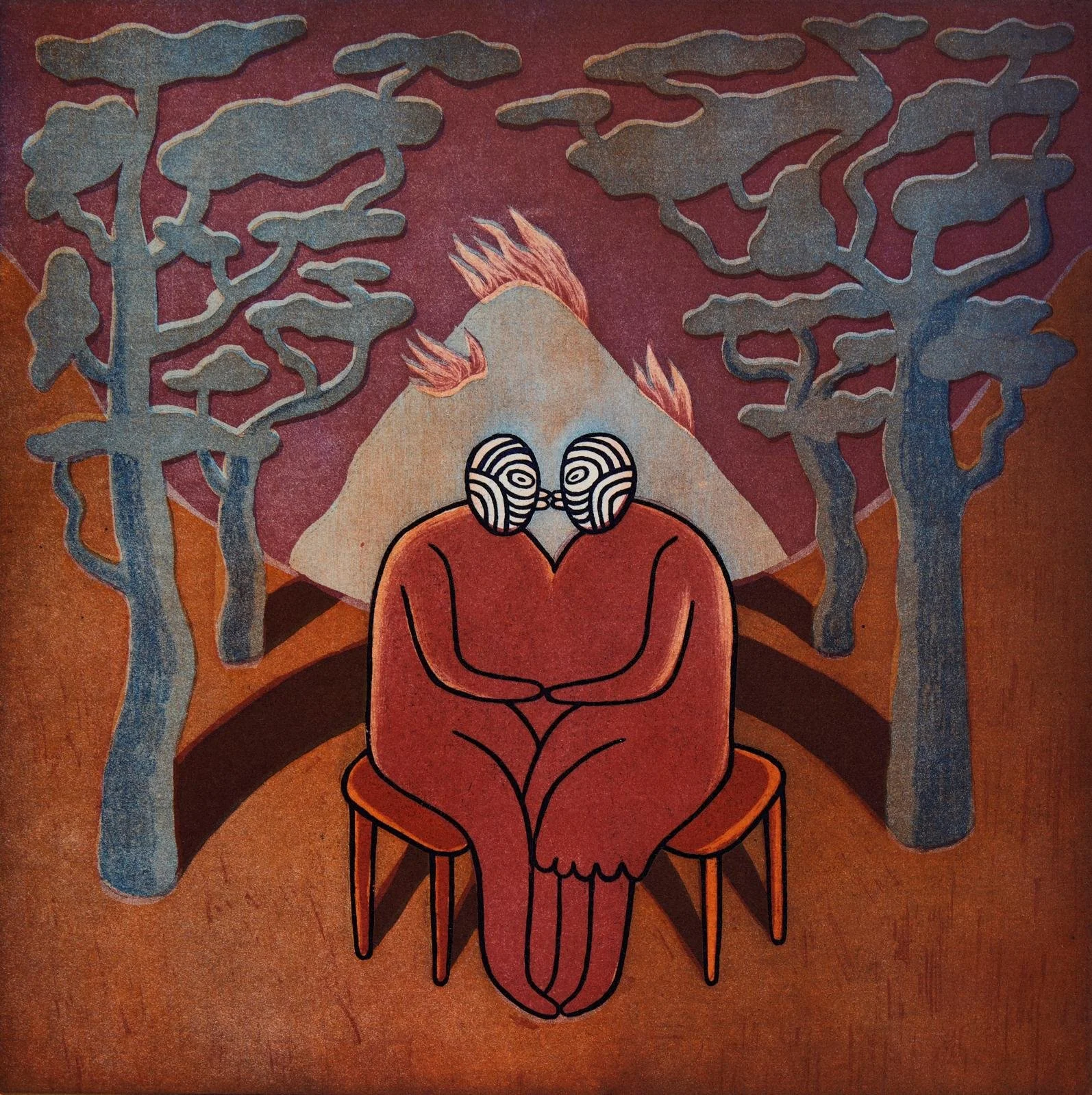 An abstract drawing of a person sitting on a chair with thought bubbles for eyes, surrounded by trees and a mountain in the background, using earthy tones and surreal style.