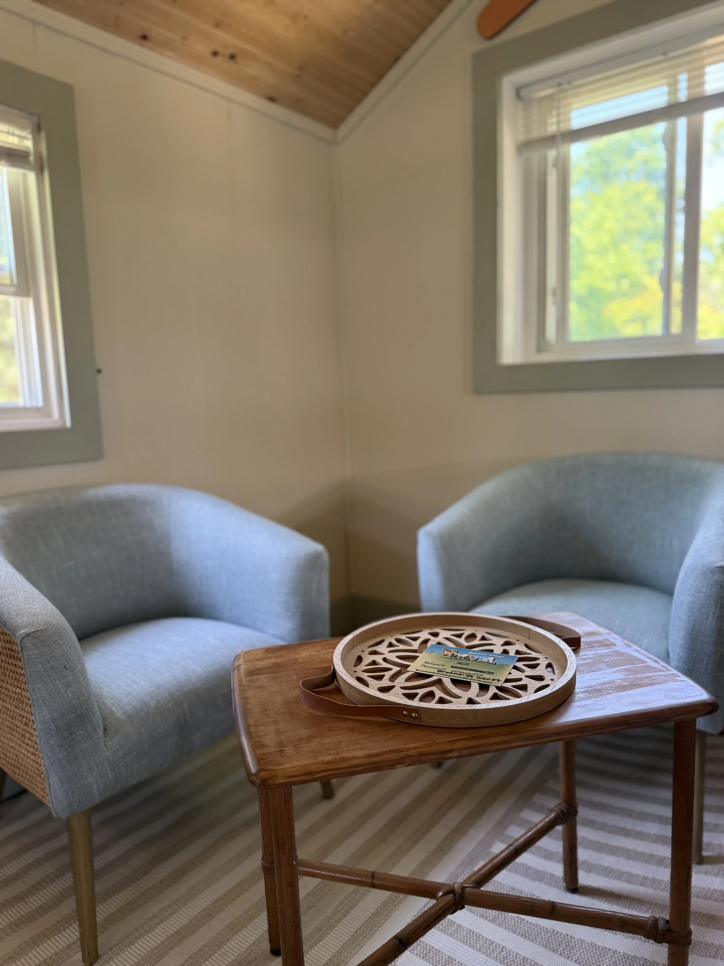 A cozy corner with two light blue upholstered armchairs, a wooden table with a decorative tray, and windows showing green trees outside.