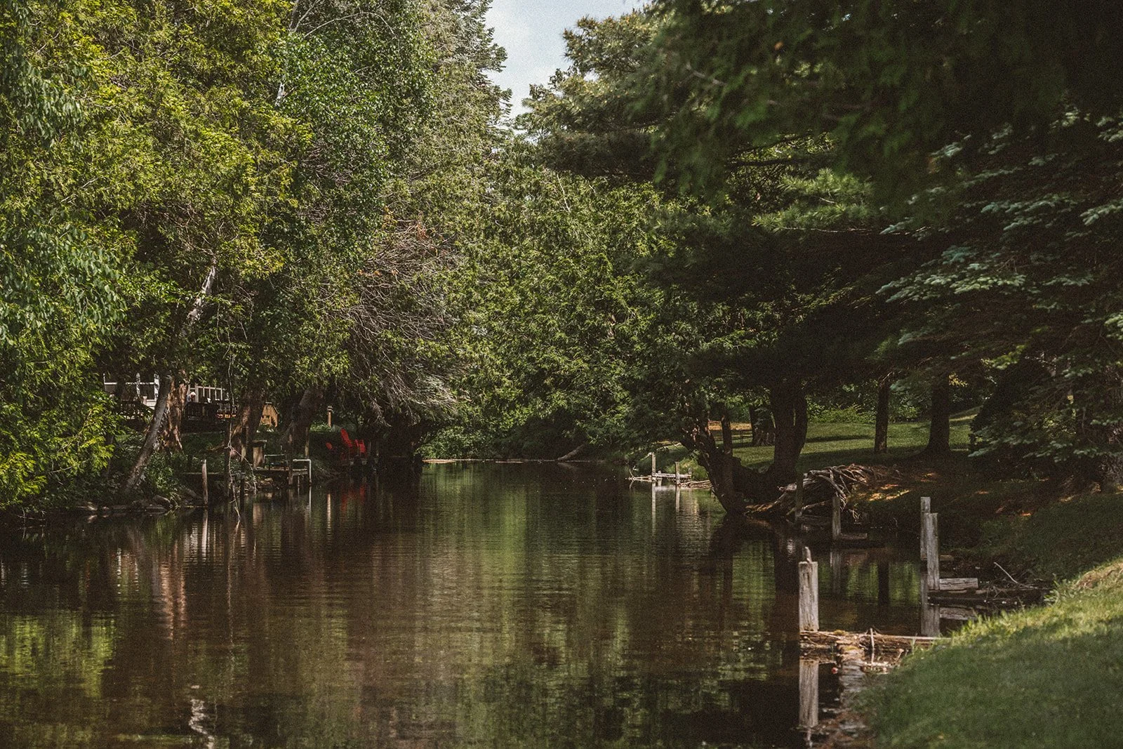 A peaceful scene of a narrow river or canal surrounded by lush green trees on both sides, with reflections of the trees on the water and some small docks or wooden structures along the banks.