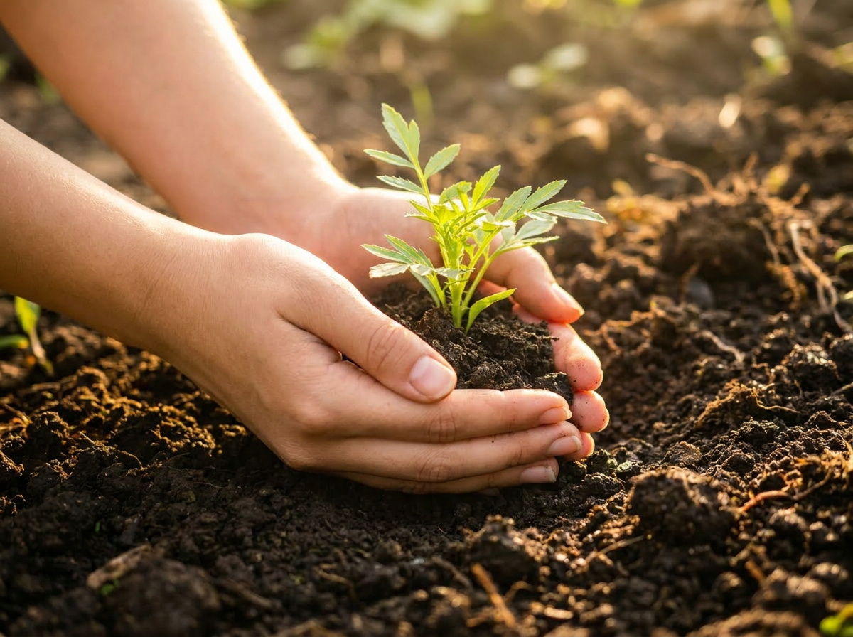 Hands Planting Small Seedling in Rich Fertile Soil