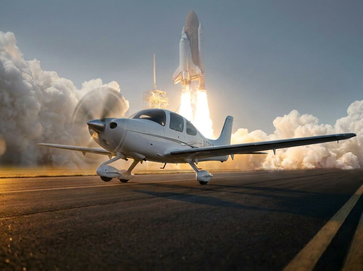Plane Taking Off - Shuttle Launching Into Morning Sky