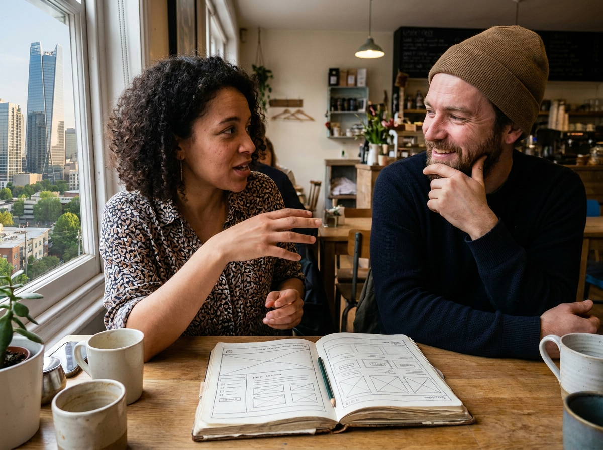 Woman and Man At Table Discussing Project
