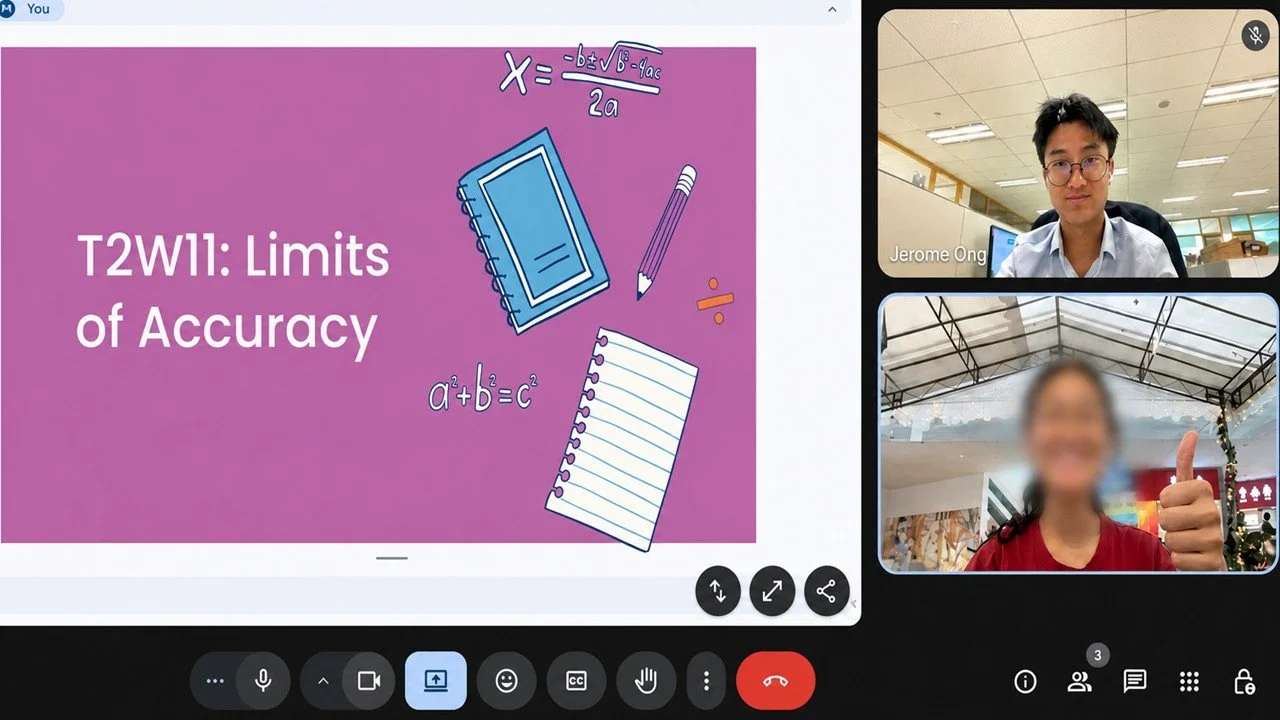 A Project Reperio Zoom lesson in progress, with a slide titled Limits of Accuracy and two students on video.