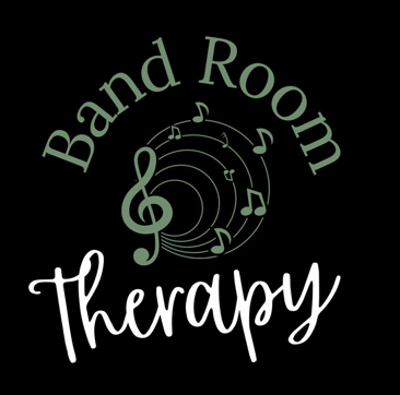 Logo with the words 'Band Room Therapy,' a treble clef, and musical notes.