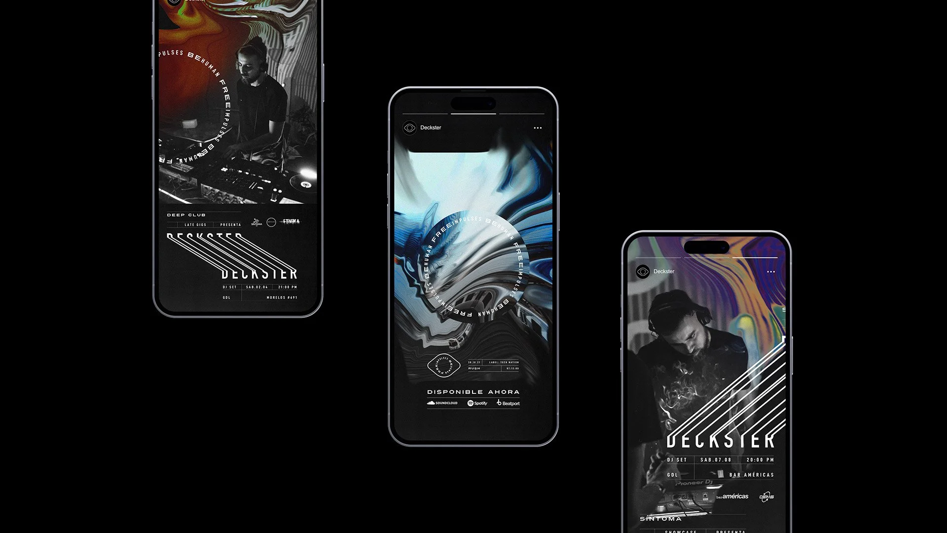 Three smartphones displaying music-themed designs, featuring abstract graphics and a DJ with equipment. The screens show event details for a DJ set by "Deckster" at a venue named "Bar Americas". Design elements include text and logos.