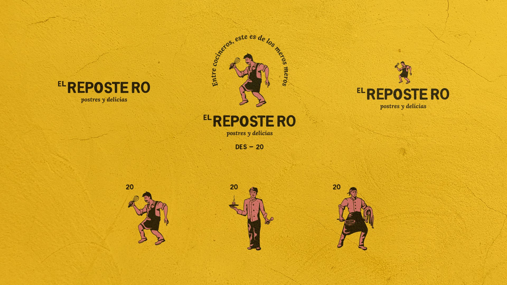 Yellow background with 'El Repostero' and 'postres y delicias' text, featuring cartoon chefs holding kitchen tools. Decorative text and visuals around the logo. Confectionery branding. Mexican Lotería.