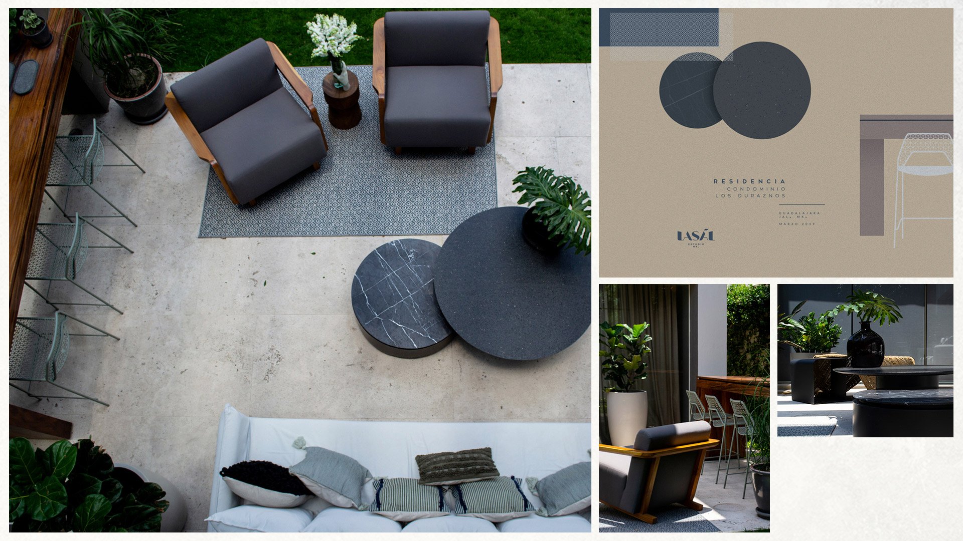 Modern outdoor patio with gray and wooden furniture, round tables, a sofa with decorative pillows, potted plants, and a design blueprint. Urban garden seating area. Interior design branding.