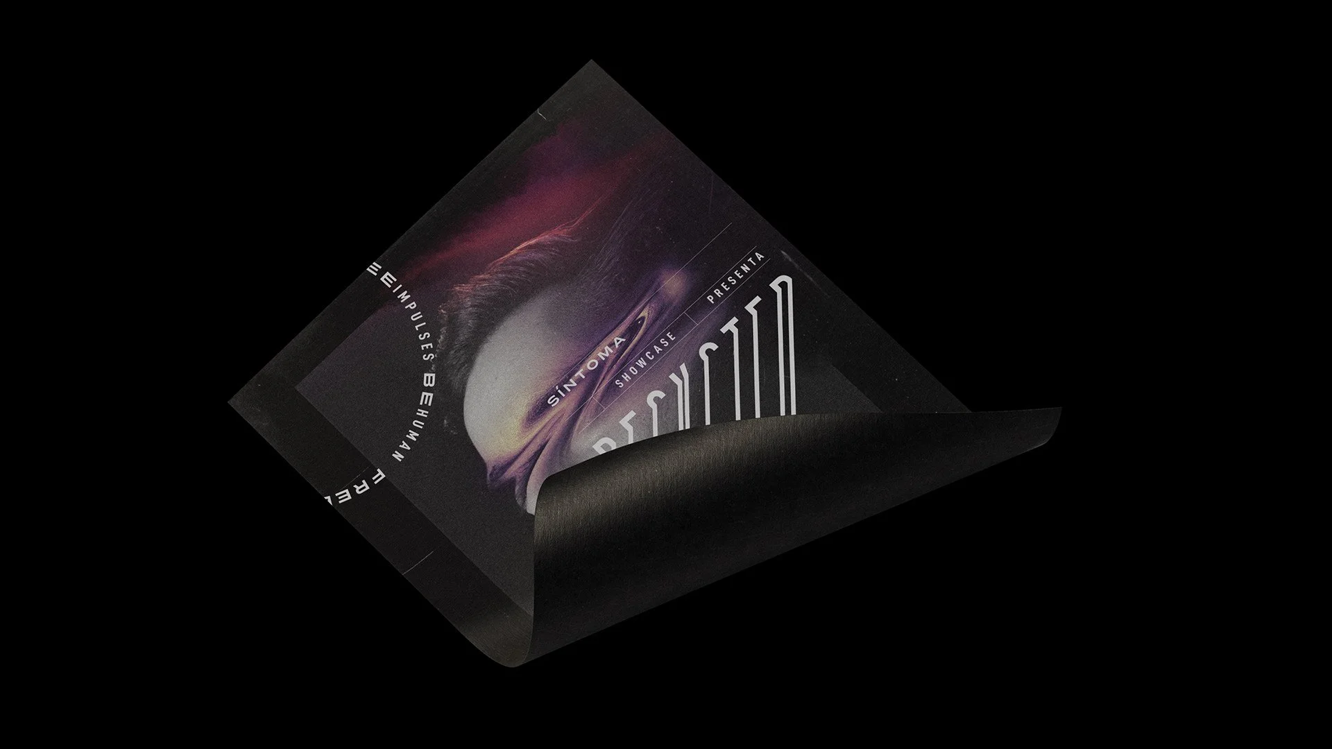 Partially curled dark poster with abstract artwork and text in Spanish on a black background. Minimal techno poster.
