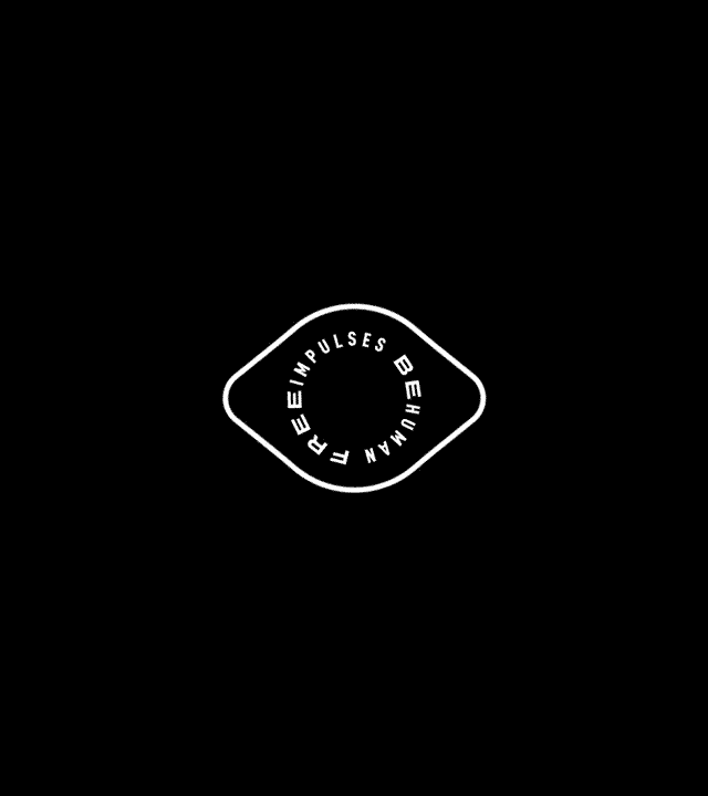 White outlined eye shape with "HUMAN TREE IMPULSES" text on black background. Minimal techno logo.
