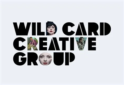 Text that reads 'Wild Card Creative Group' with images of four people and artistic text design.