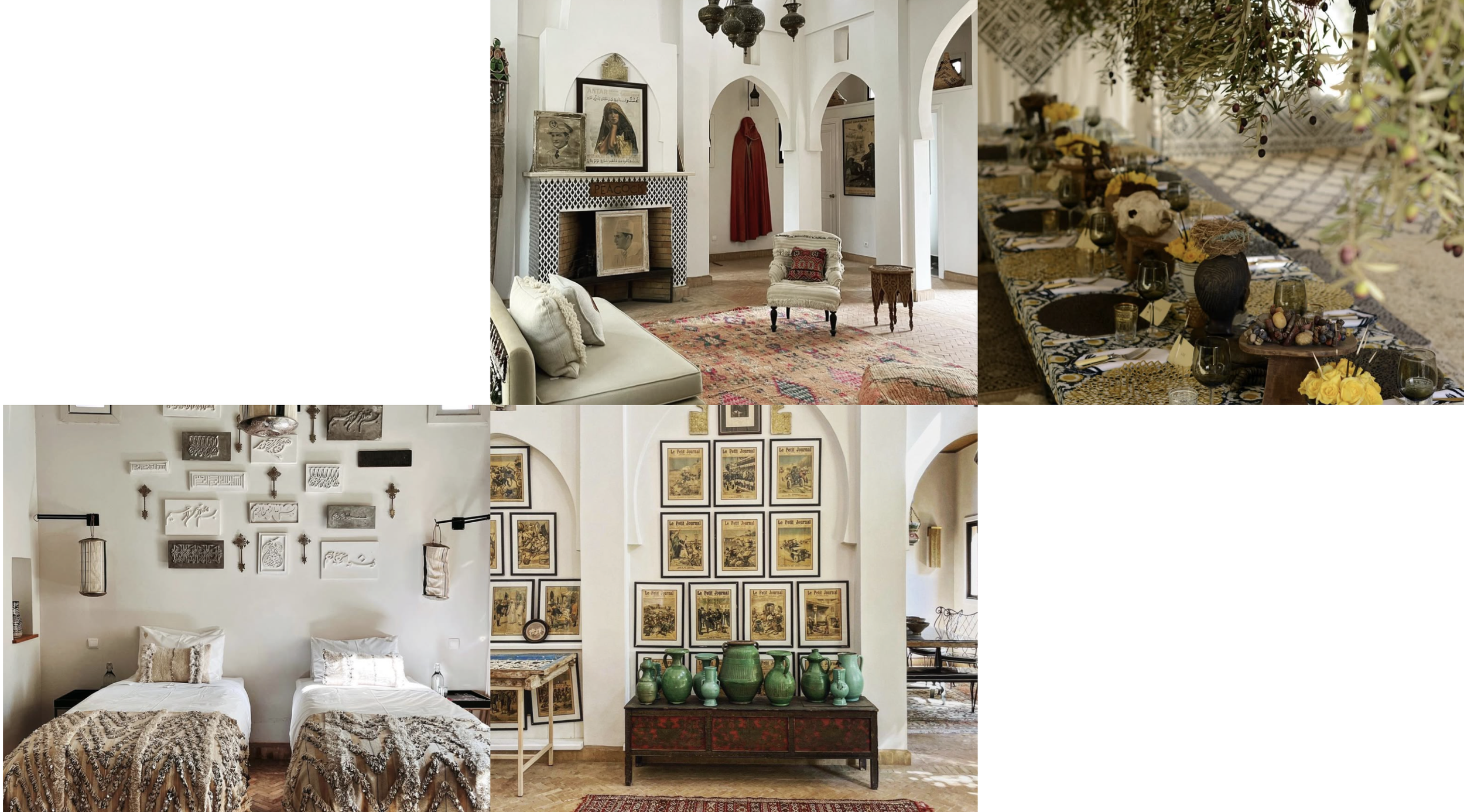 Interior of a home with vintage and eclectic decor including seating areas, artwork, and decorative objects. A formal dining table is decorated with vases, candles, and flowers. Walls display framed art and collections of old prints and pottery. Two beds with animal print bedding are also visible, creating a cozy and artistic ambiance.