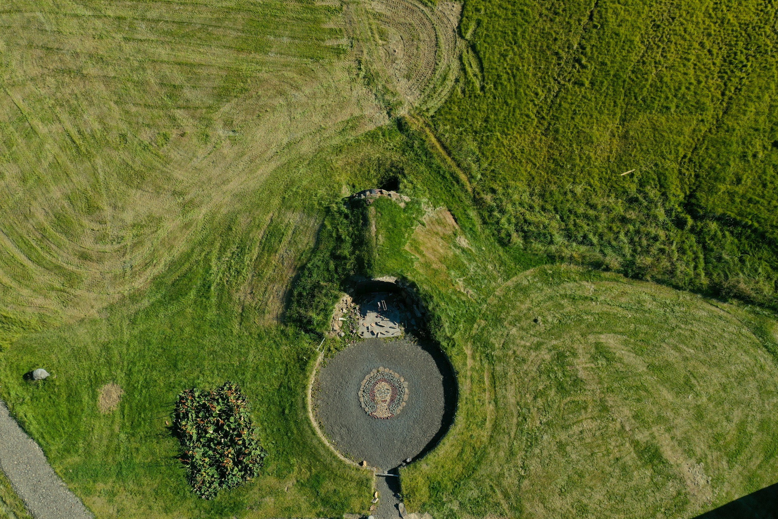 An aerial view of a grassy landscape with a circular art installation or garden feature at the center, featuring a stylized face design. Surrounding land includes patches of cut grass and an outdoor brick or stone structure, with lush green trees and fields in the background.