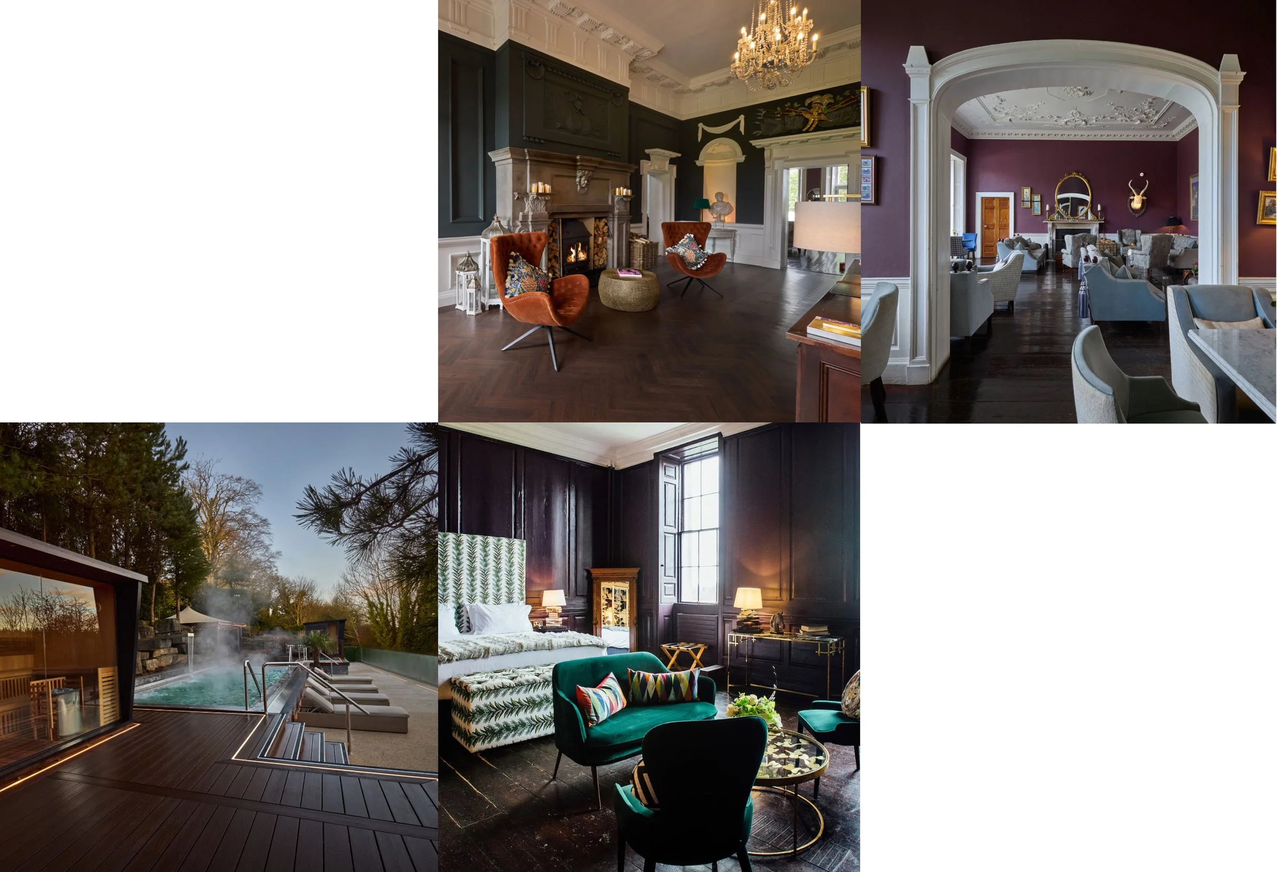 A collage of four images showing luxurious indoor and outdoor features: a cozy living room with a fireplace, a formal sitting area with purple walls and elegant furniture, an outdoor hot tub and pool area, and a bedroom with dark wood paneling and vintage furniture.