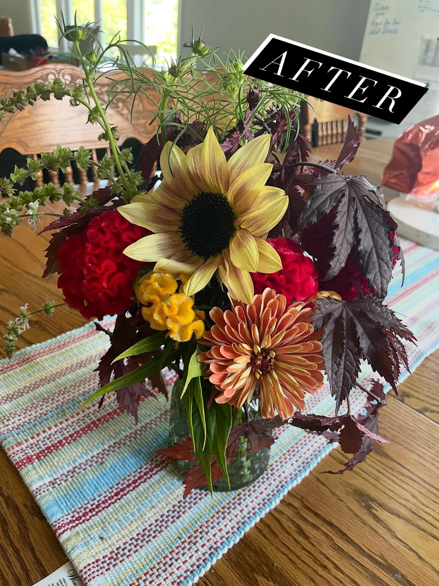 Plum sunflowers, salmon zinnias, red and yellow celosia cockscomb, hibiscus splendor, cranberry cosmos, and citrus basil. This mini vase was a full big vase with long stems which I cut down after a week to make my blooms last even longer. 

If you ge