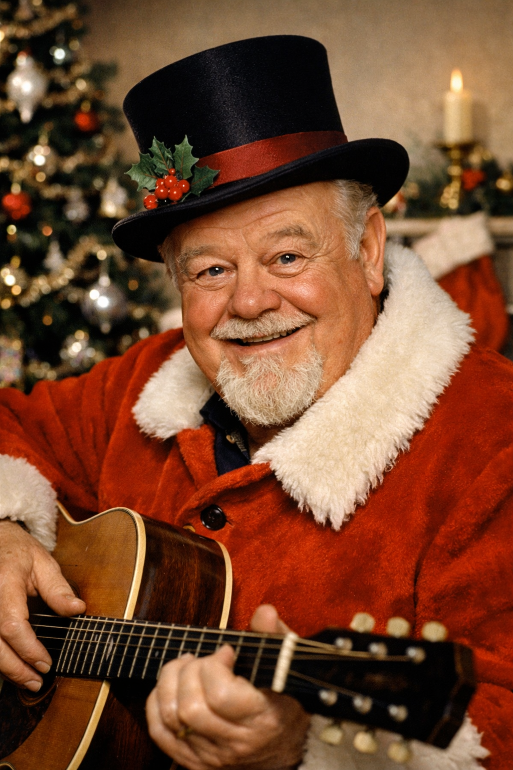 Burl Ives wearing a Santa-style red coat and black top hat, smiling while playing an acoustic guitar in a warm, traditional Christmas scene.