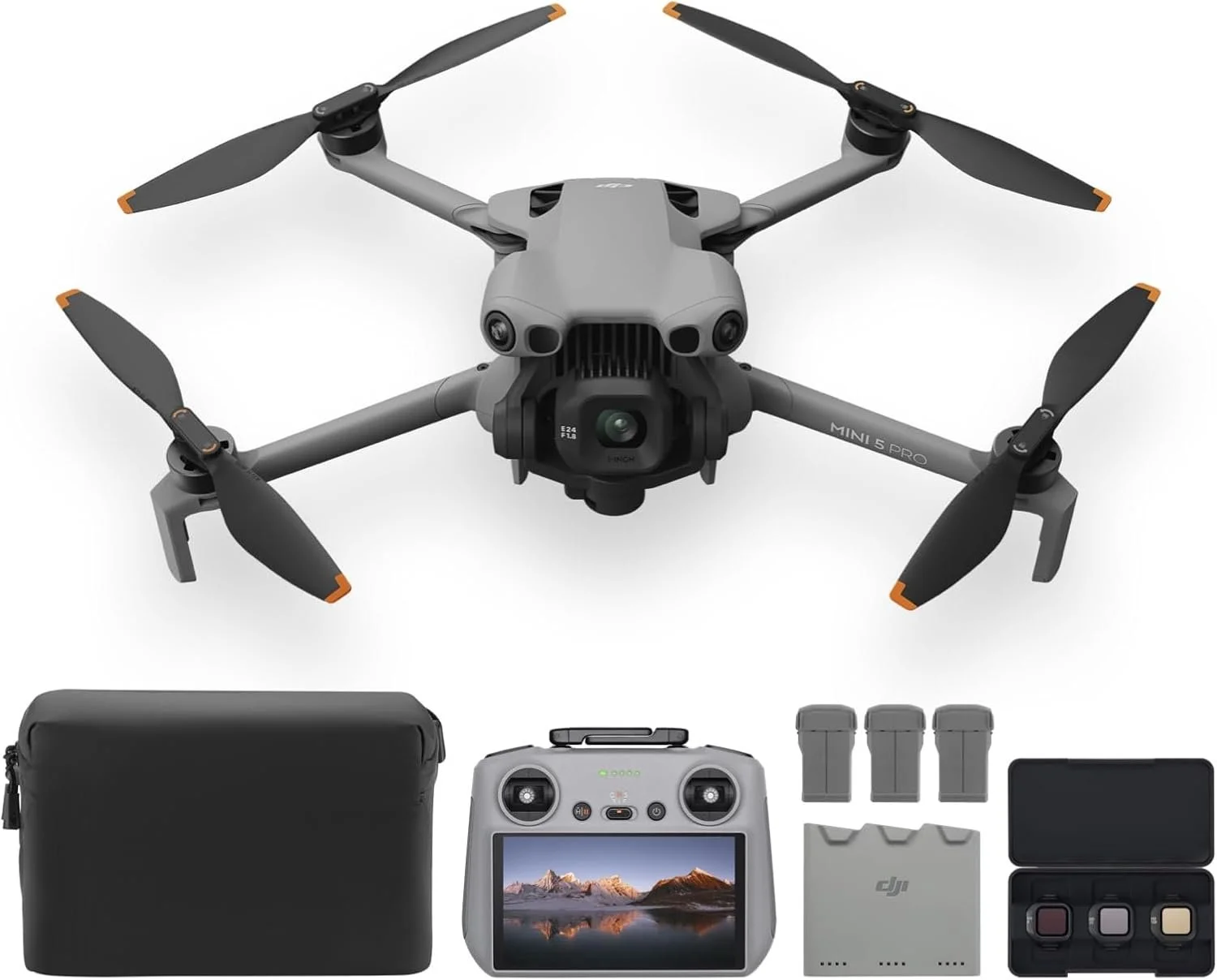 A gray DJI Mini 5 Pro drone with four propellers, remote control with a screen, three batteries, a carrying case, a charging hub, and a set of four ND filters arranged on a white background.