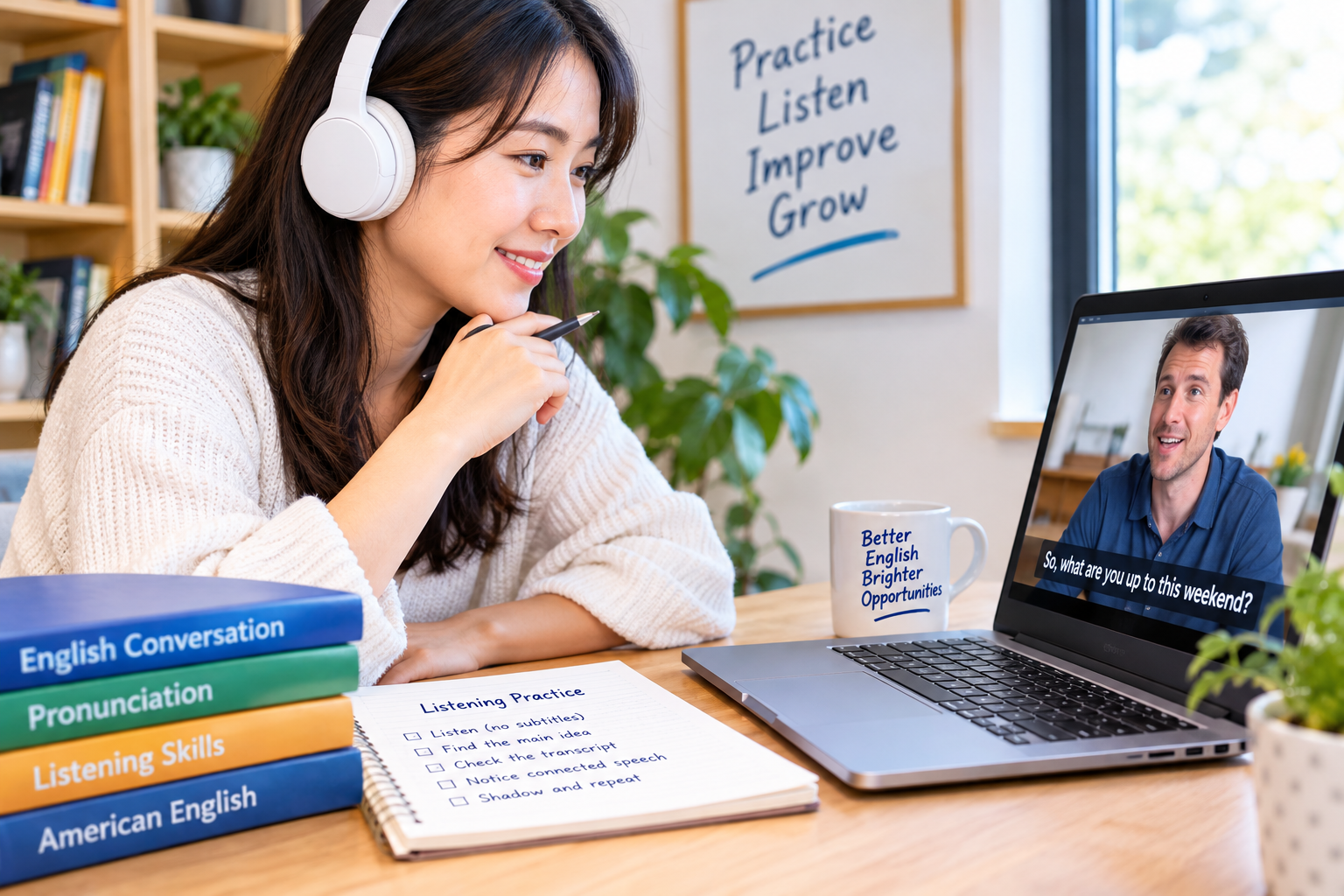 Woman practicing English listening with an online lesson