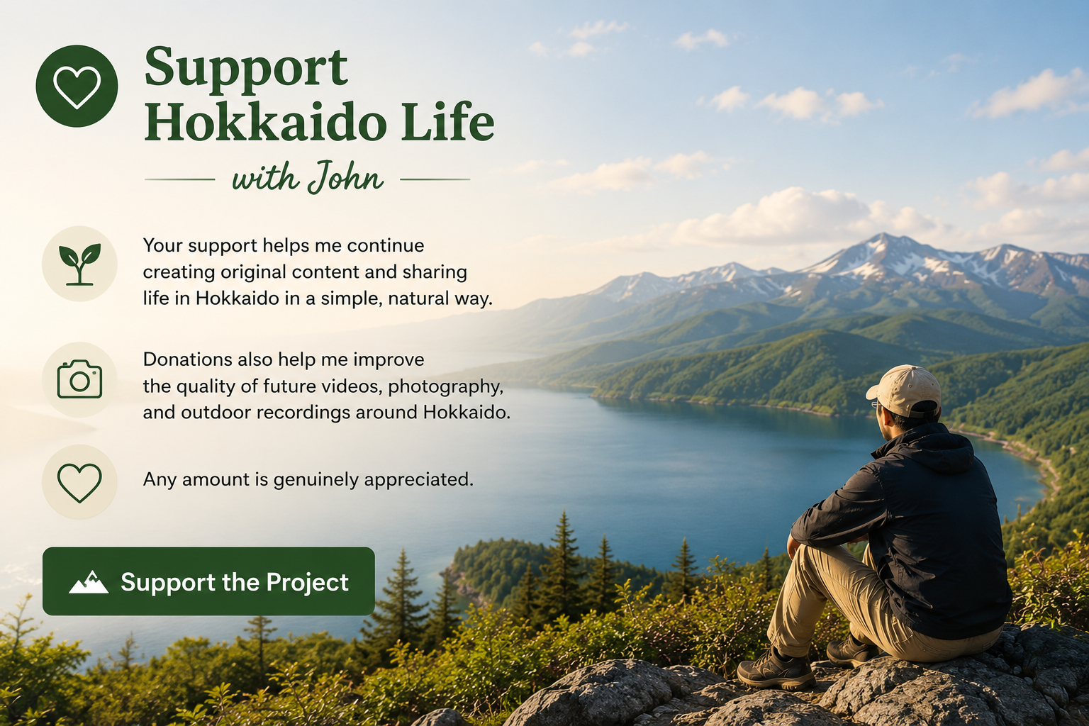 A man sitting on a rock overlooking a scenic mountain lake with snow-capped peaks in the background. Overlaid on the image, there is a fundraising message supporting Hokkaido life, with icons for planting, photography, and appreciation, and a button to support the project.